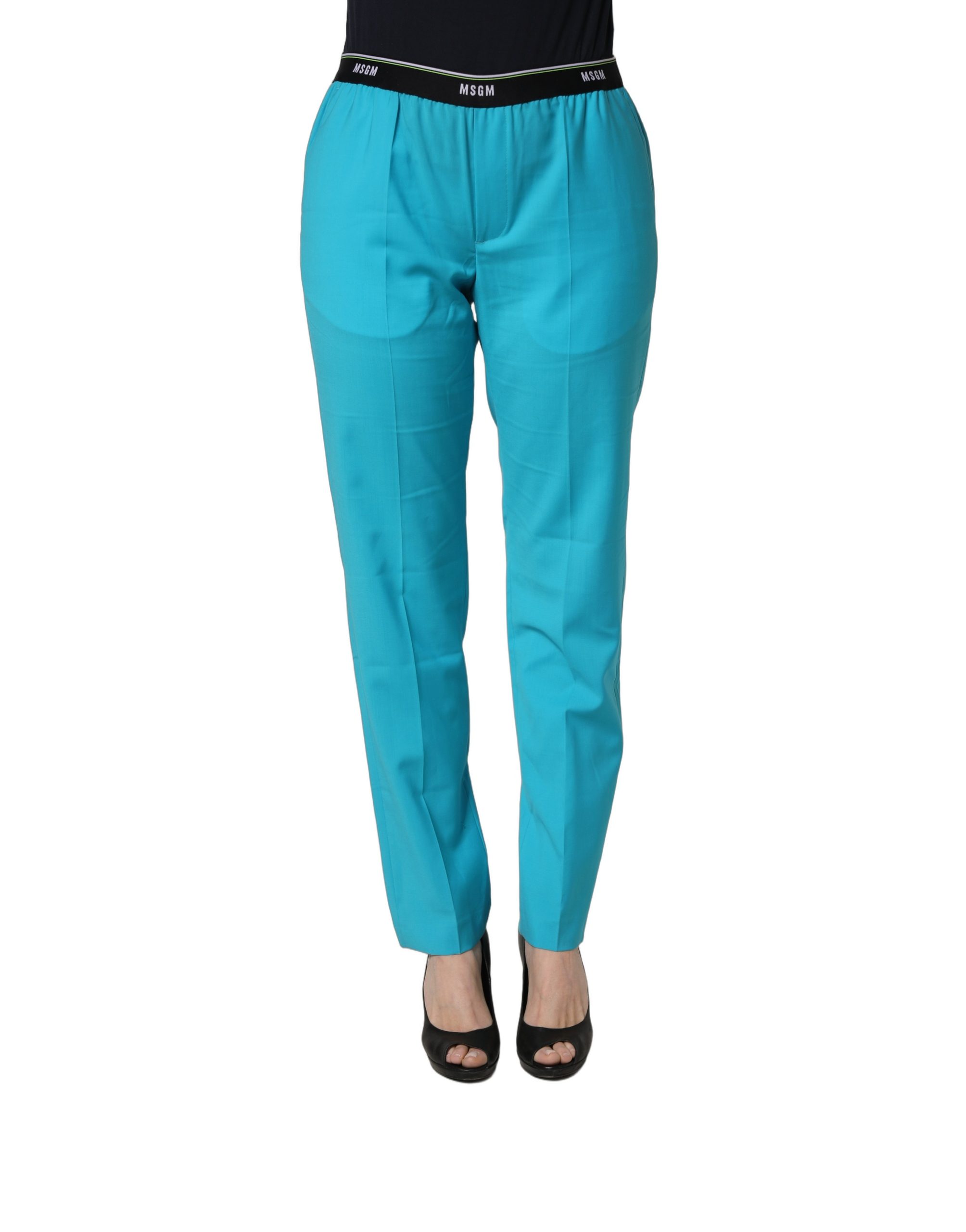 Blue Wool Mid Waist Tapered Women Trouser Pants