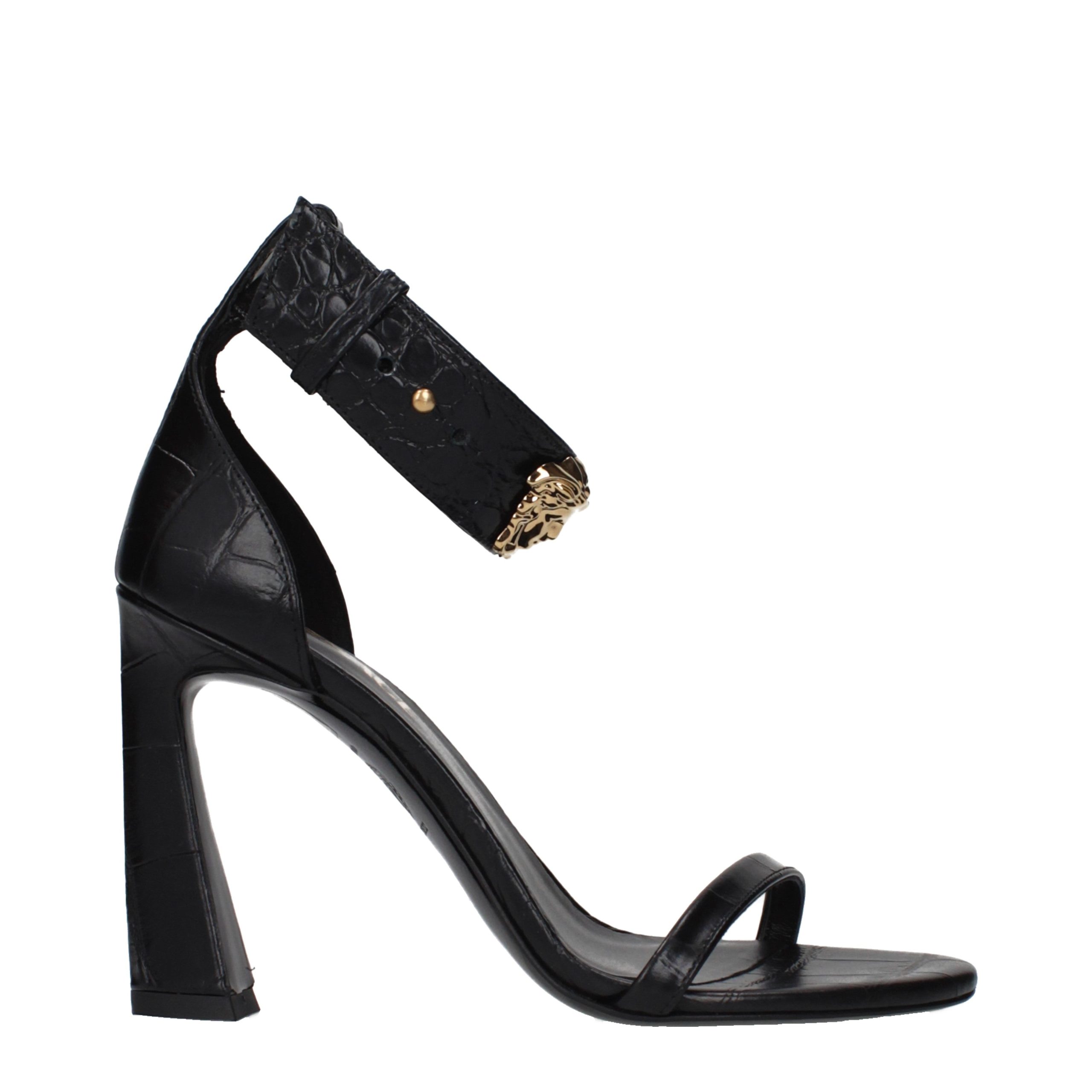Black Leather Stiletto Heel Sandals