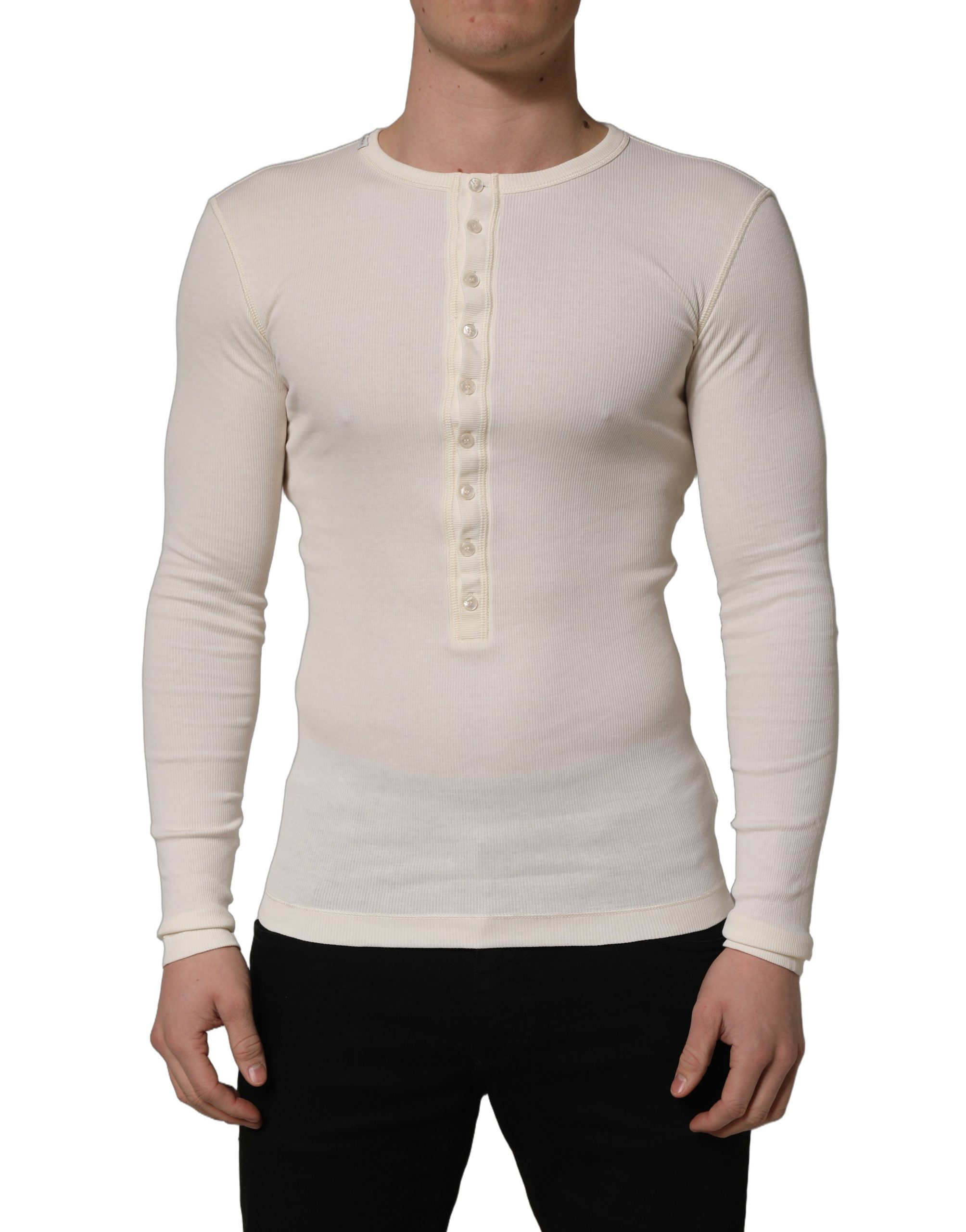 White Long Sleeves Henley Pullover Sweater