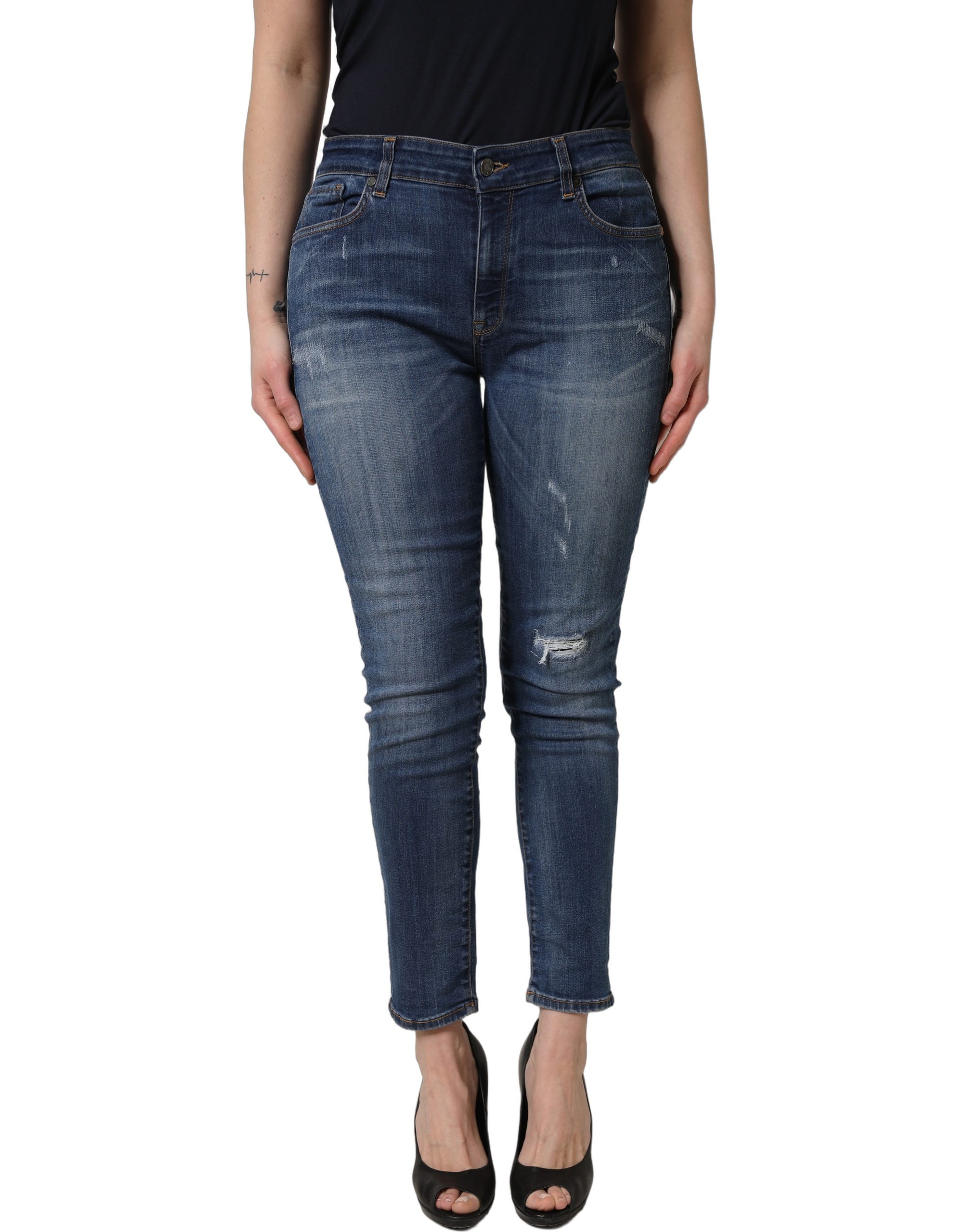 Blue Tattered Skinny Mid Waist Denim Jeans