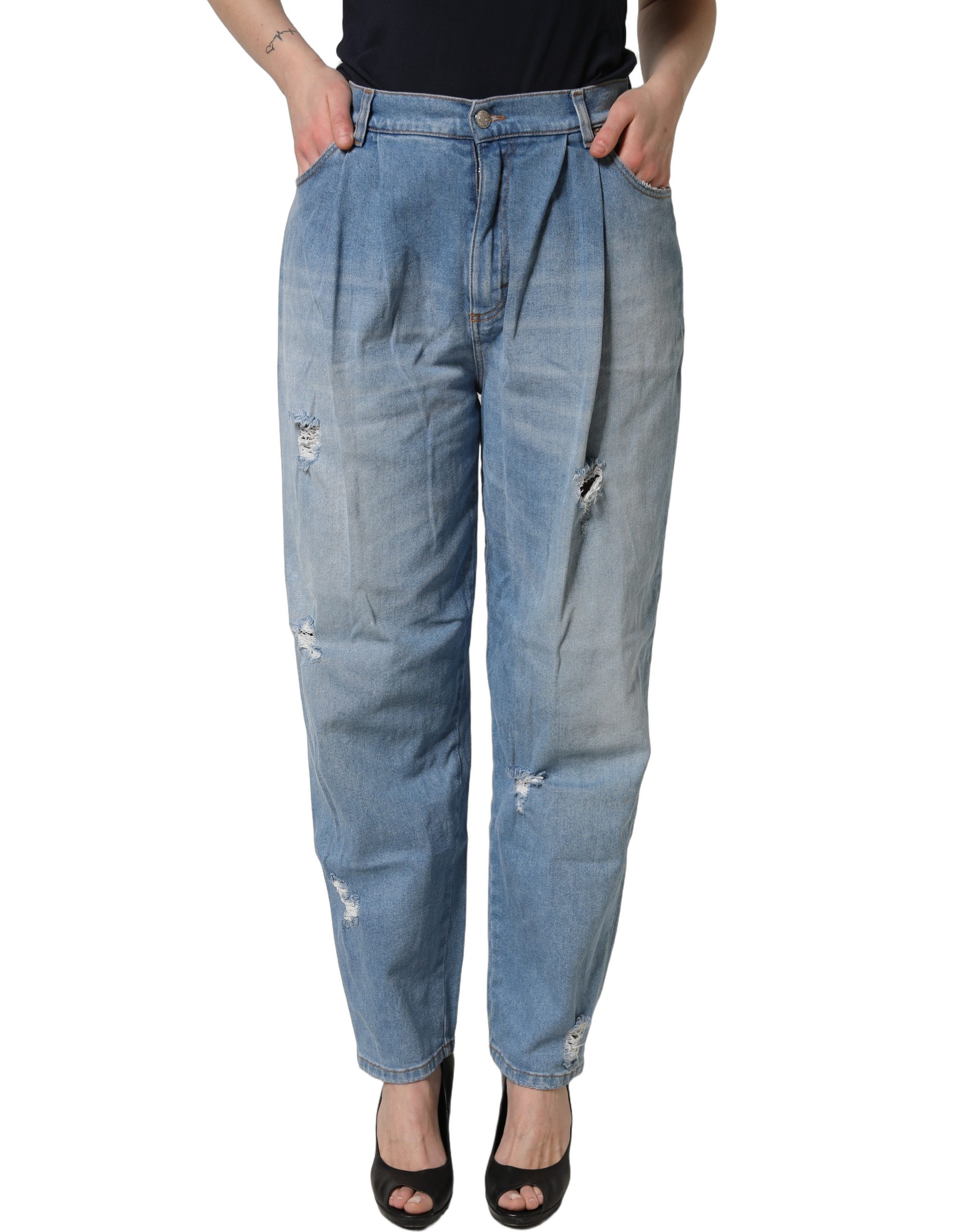 Blue Distressed Pleated Cotton Denim Jeans