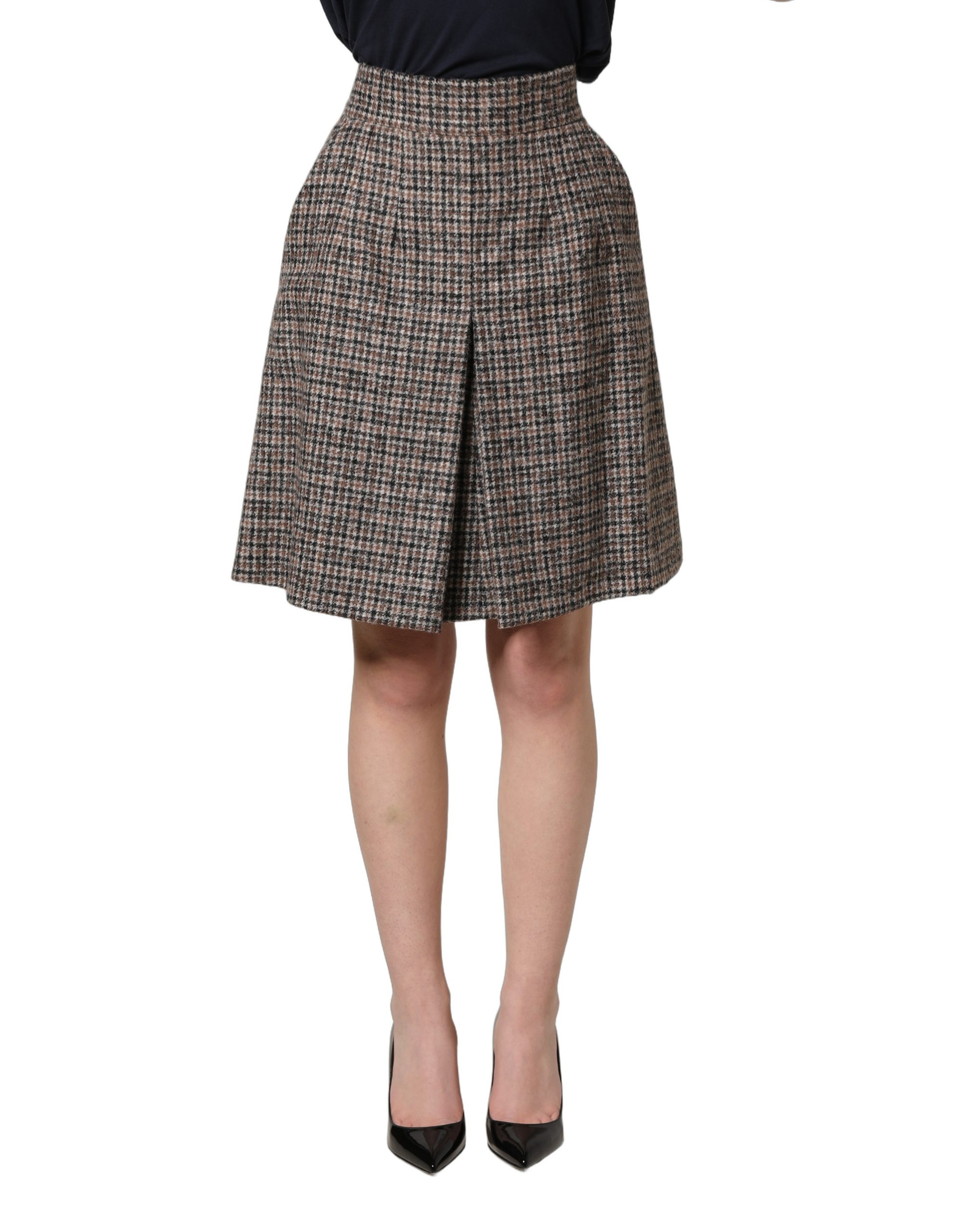 Brown Tweed Kick Pleat High Waist Mini Skirt