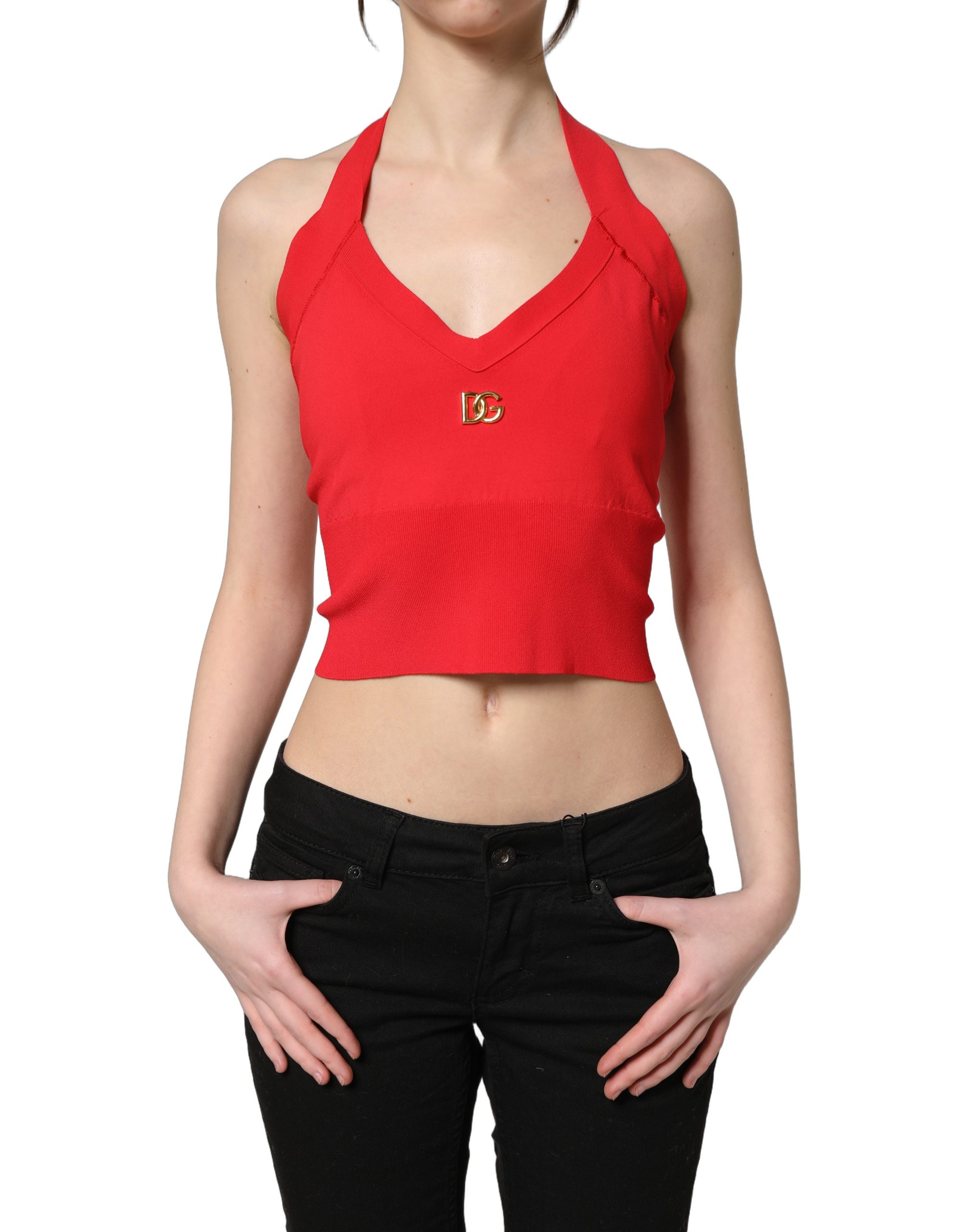 Red Viscose Sleeveless Halter Crop Tank Top