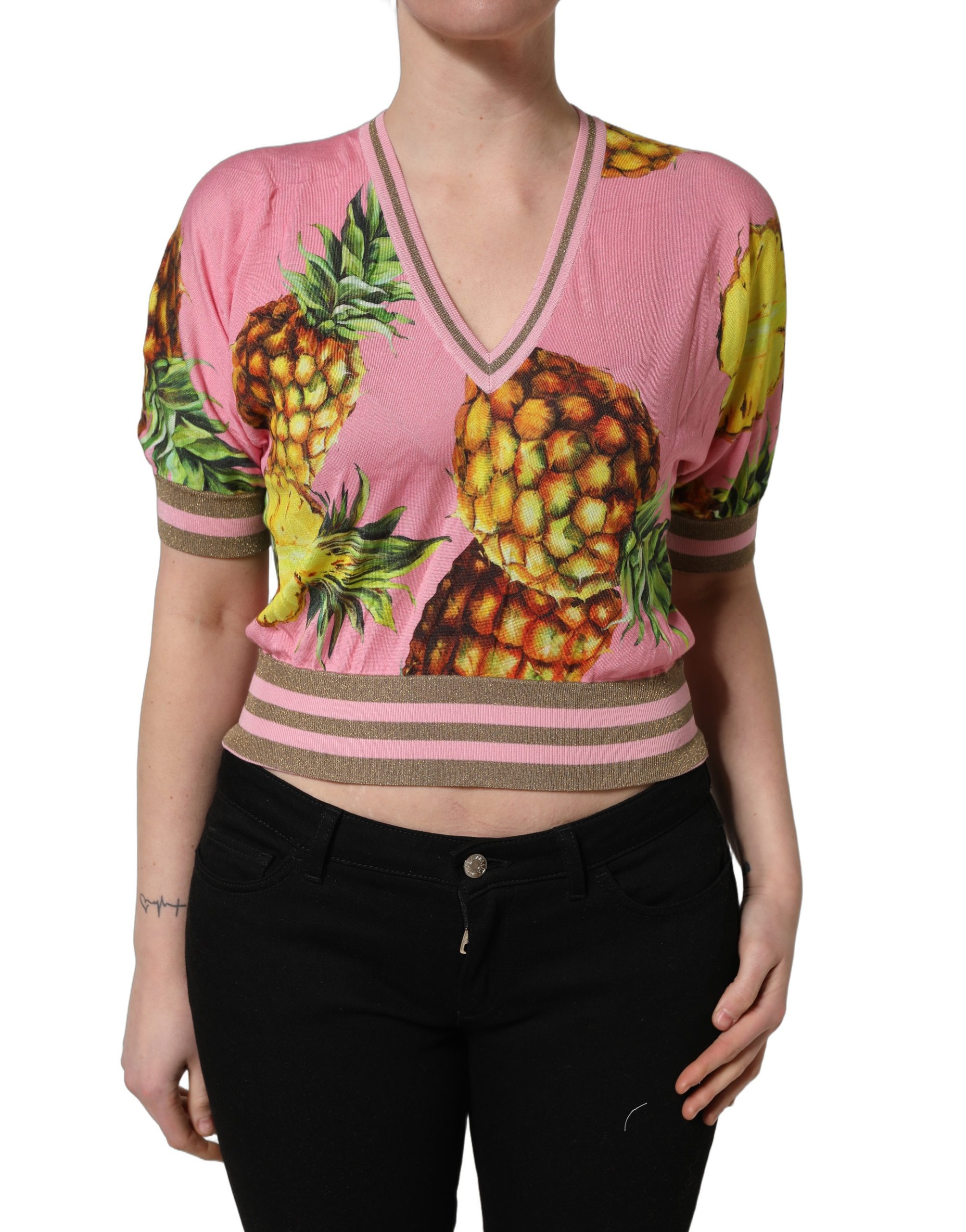 Pink Pineapple Vneck Short Sleeve Cropped Top