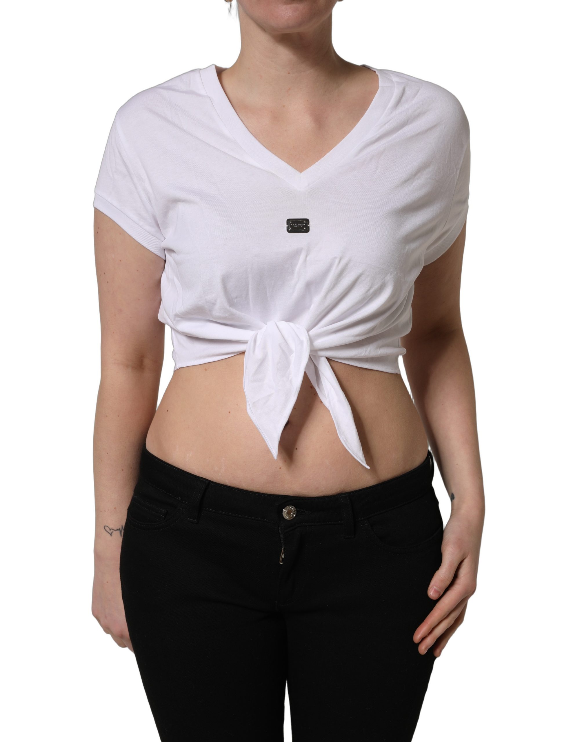 White Logo Embroidered TieWaist Cropped Top
