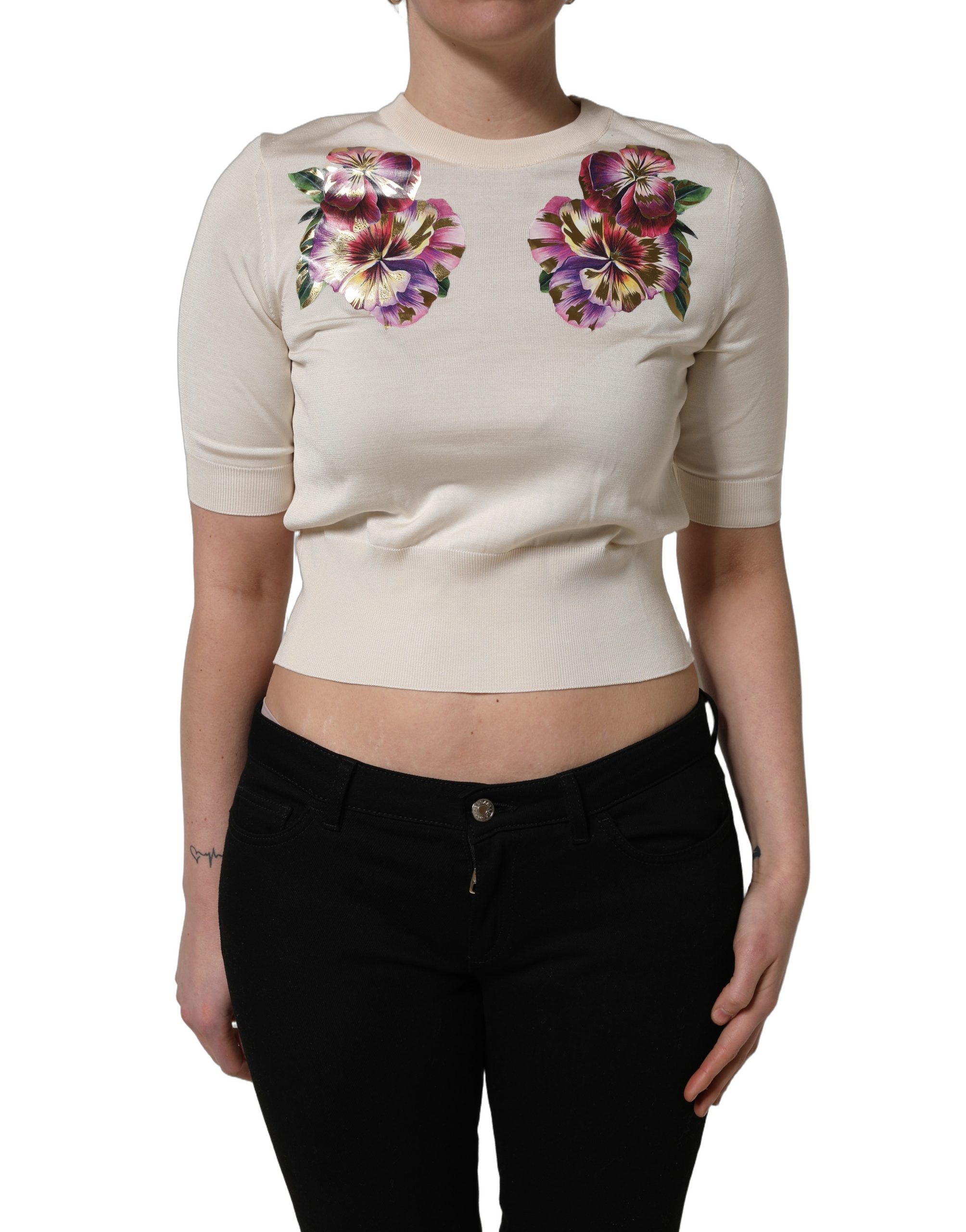 Beige Floral Print Silk CrewNeck Pullover Top