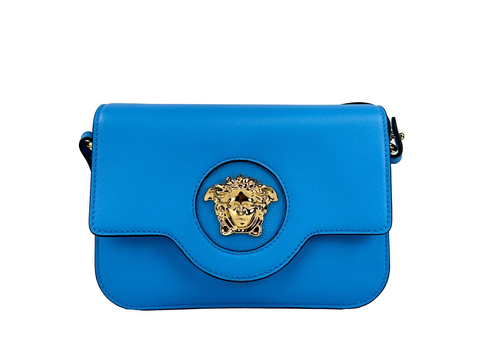 Versace La Medusa Blue Leather Shoulder Crossbody Bag Purse Gold - Women