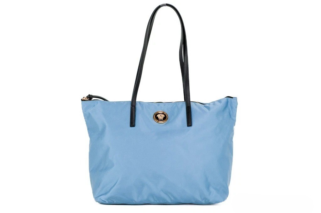 Versace Portuna Medusa Medium Cornflower Blue Nylon Leather Tote Bag Purse Gold - Women