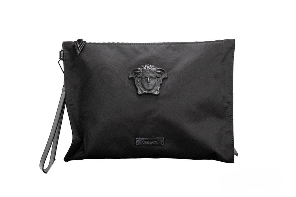 Versace Large Black Nylon Fabric Medusa Convertible Pouch Clutch Wristlet Bag Silver - Women