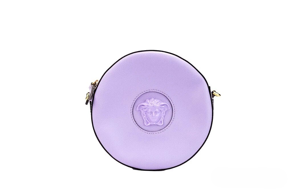 Versace Round Disco Lilac Pebbled Leather Camera Case Crossbody Bag Purse Gold - Women