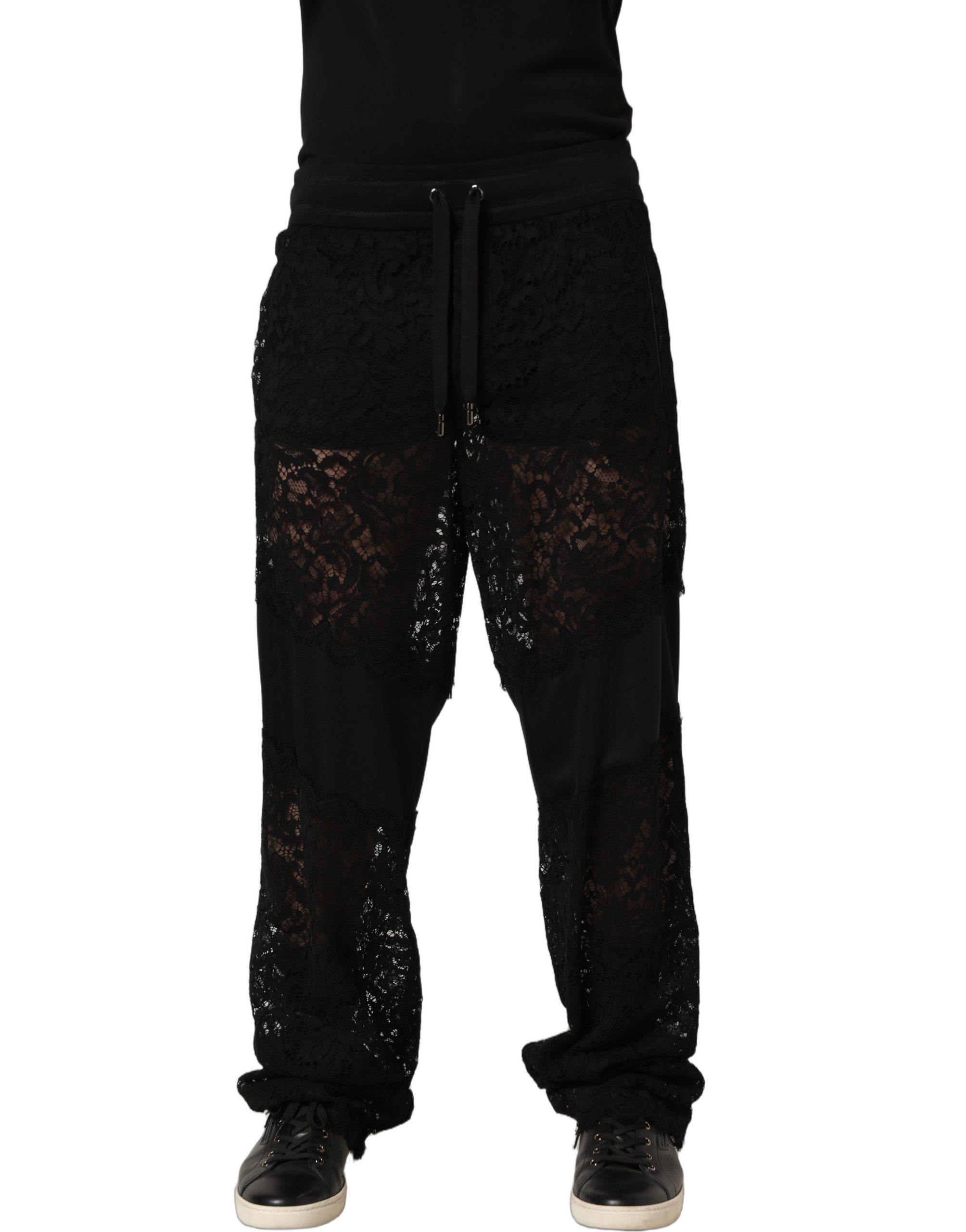 Black Lace Mid Waist Jogger Men Trouser Pants
