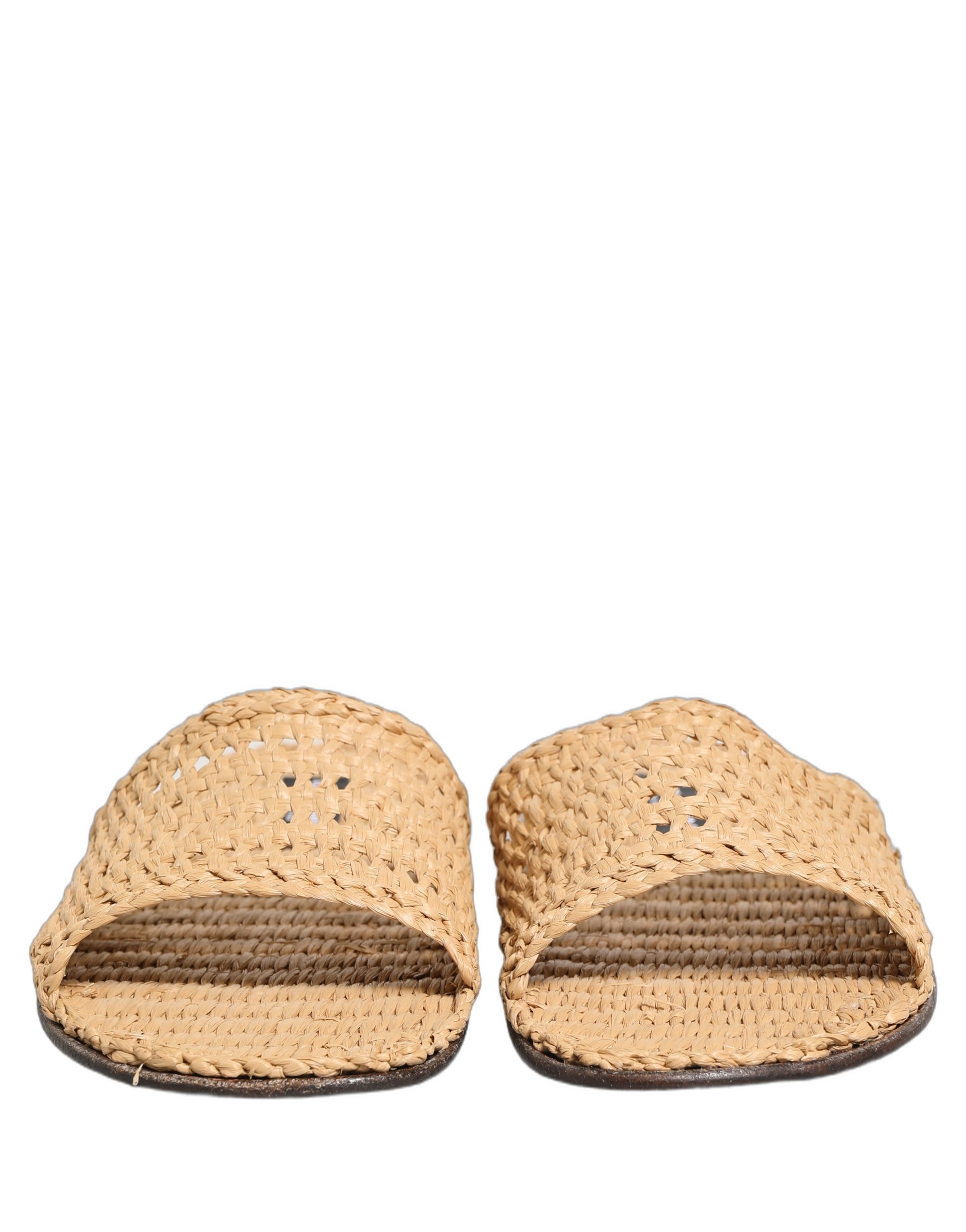 Dolce & Gabbana Beige Straw Raffia Slides Sandals Flats Shoes - Men