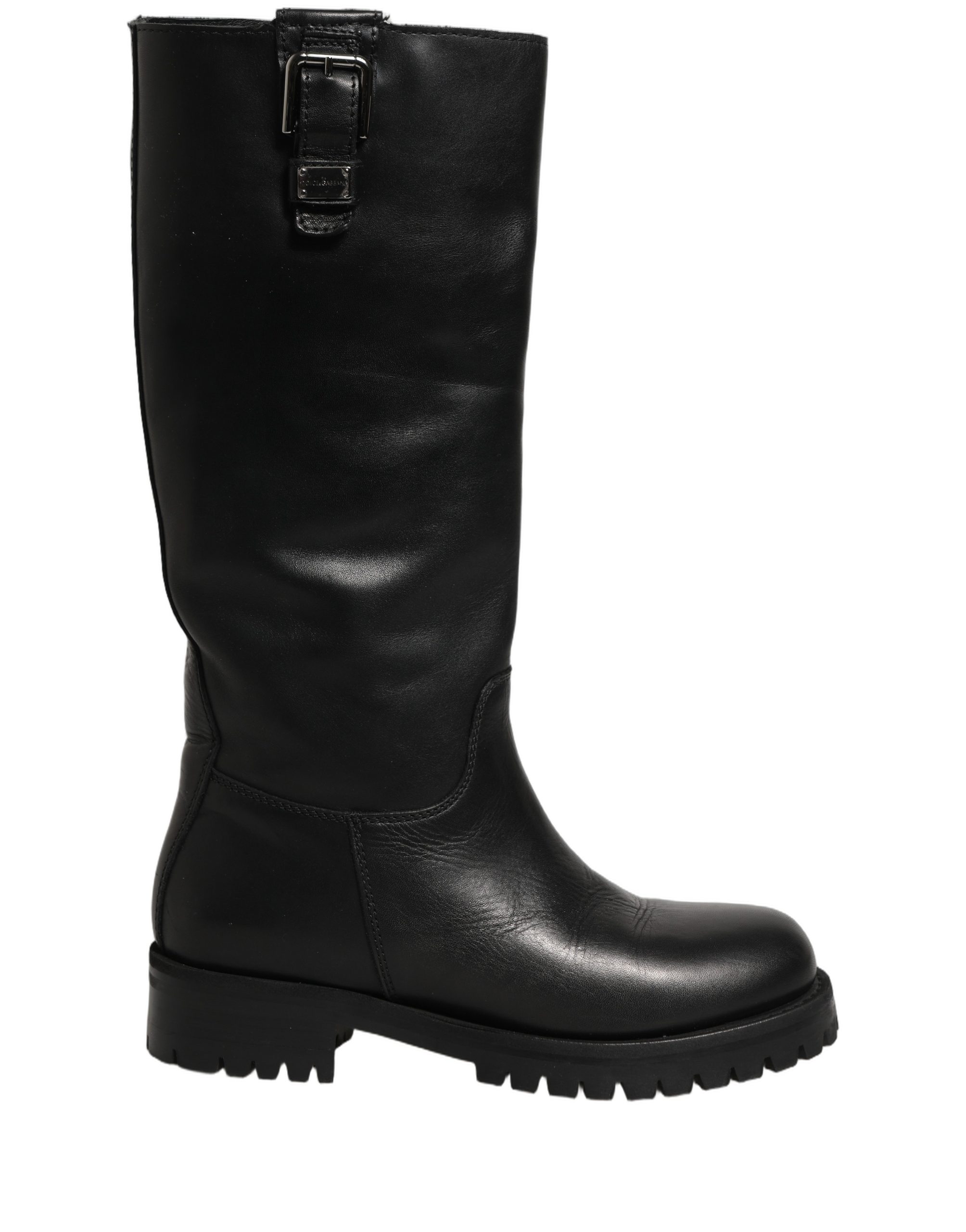 Black Leather Buckle Detail Mid Calf Boots Shoes