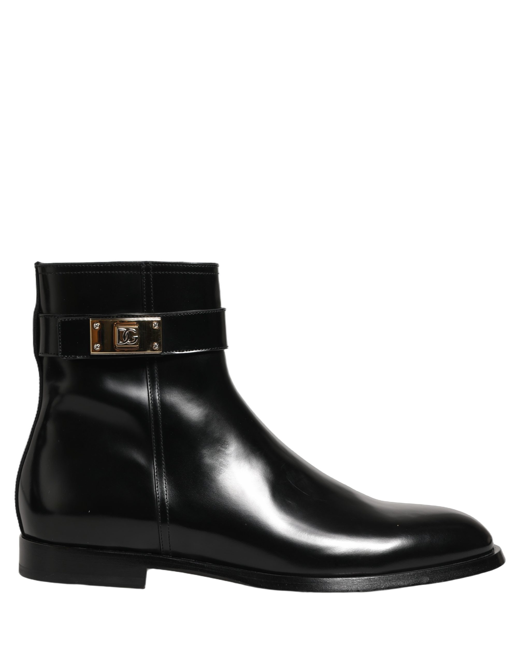 Black Leather Logo Buckle Mid Calf Boots Shoes