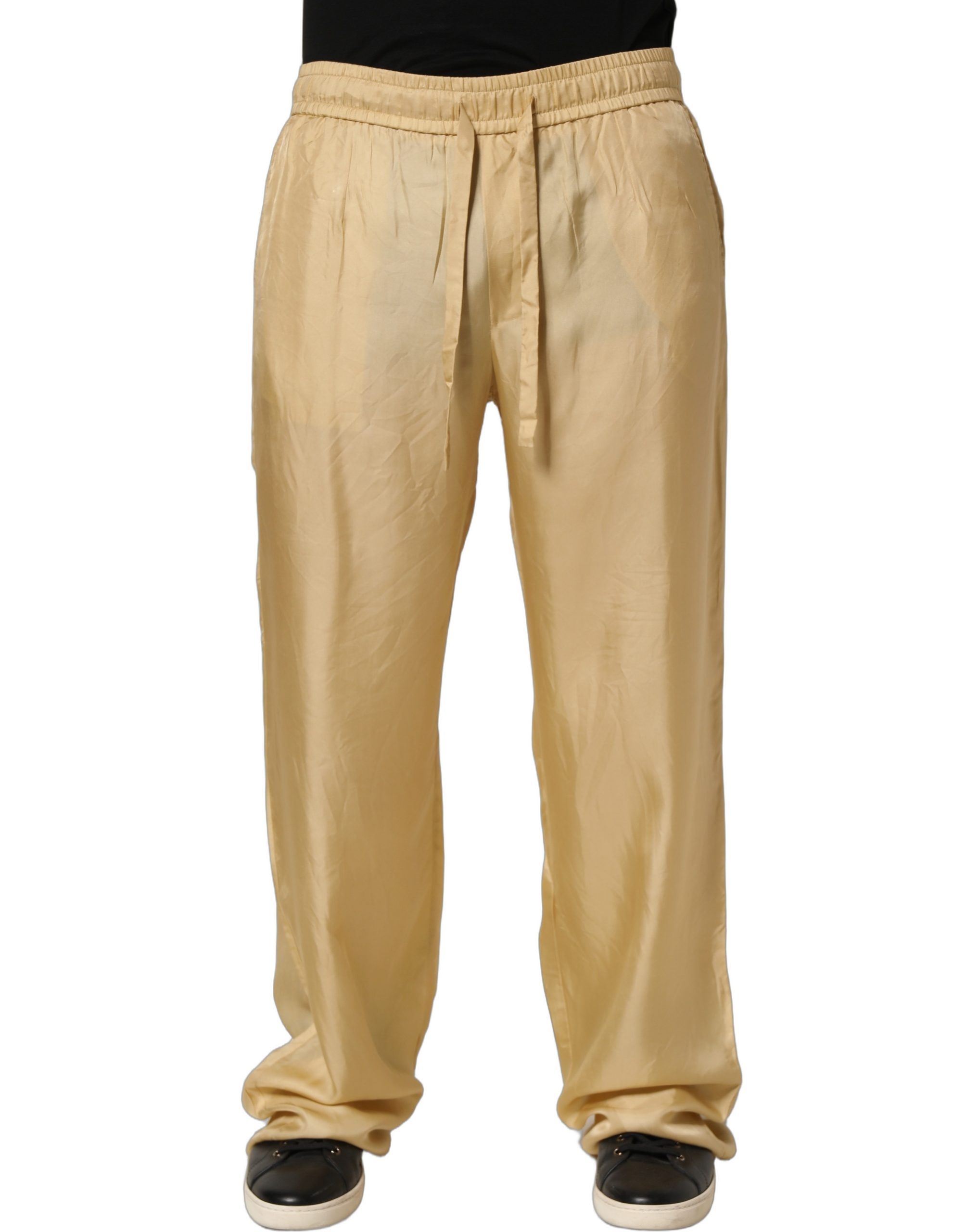 Yellow Straight Silk Mid Waist Chino Trouser Pants