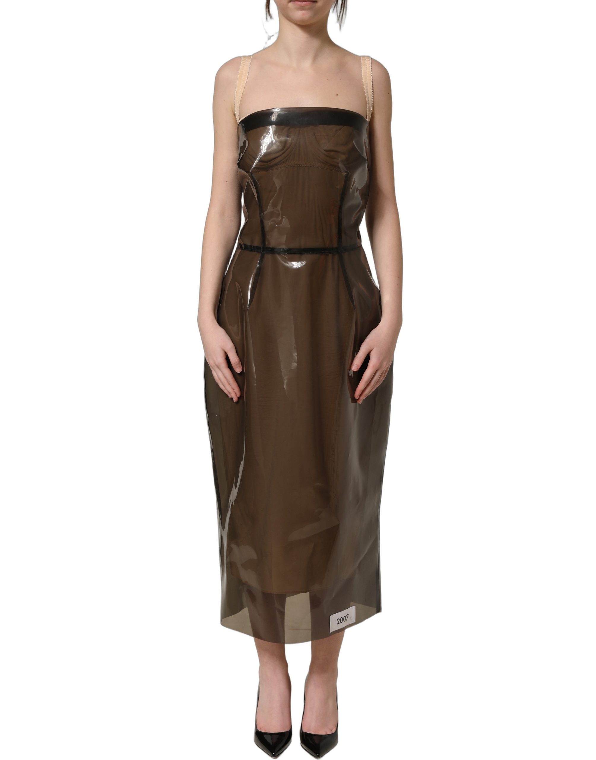 Brown Transparent Vinyl Sheath Midi Dress