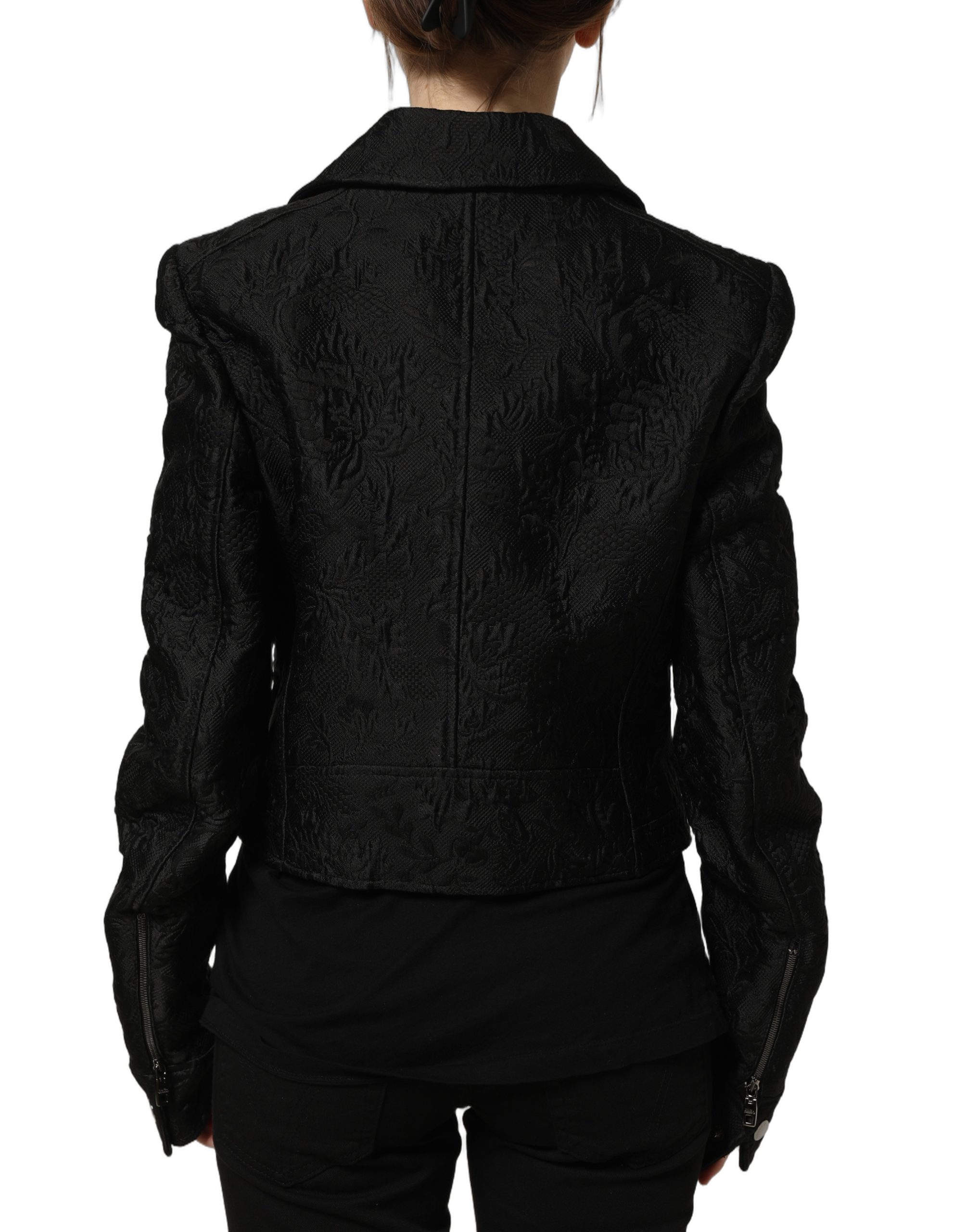 Dolce & Gabbana Black Floral Brocade Biker Blouson Jacket External Silk Cotton Clothing - Women