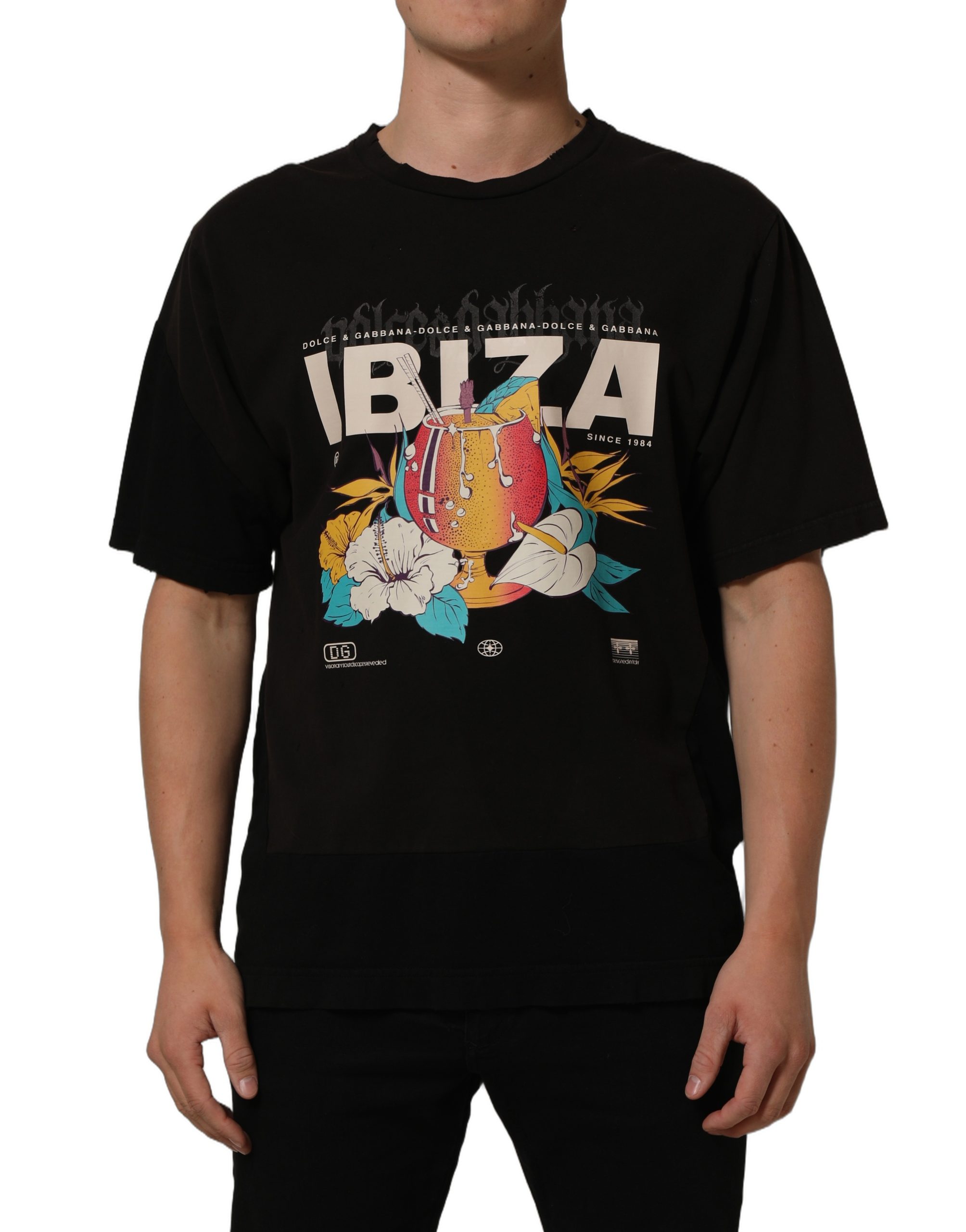 Black Tropical \"IBIZA\" Men Crew Neck T-shirt