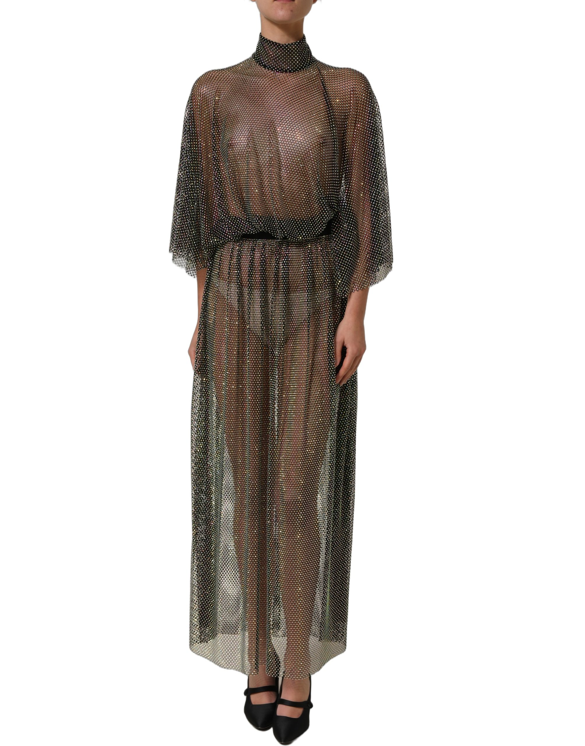 Black Rhinestone Mesh Turtleneck Maxi Dress