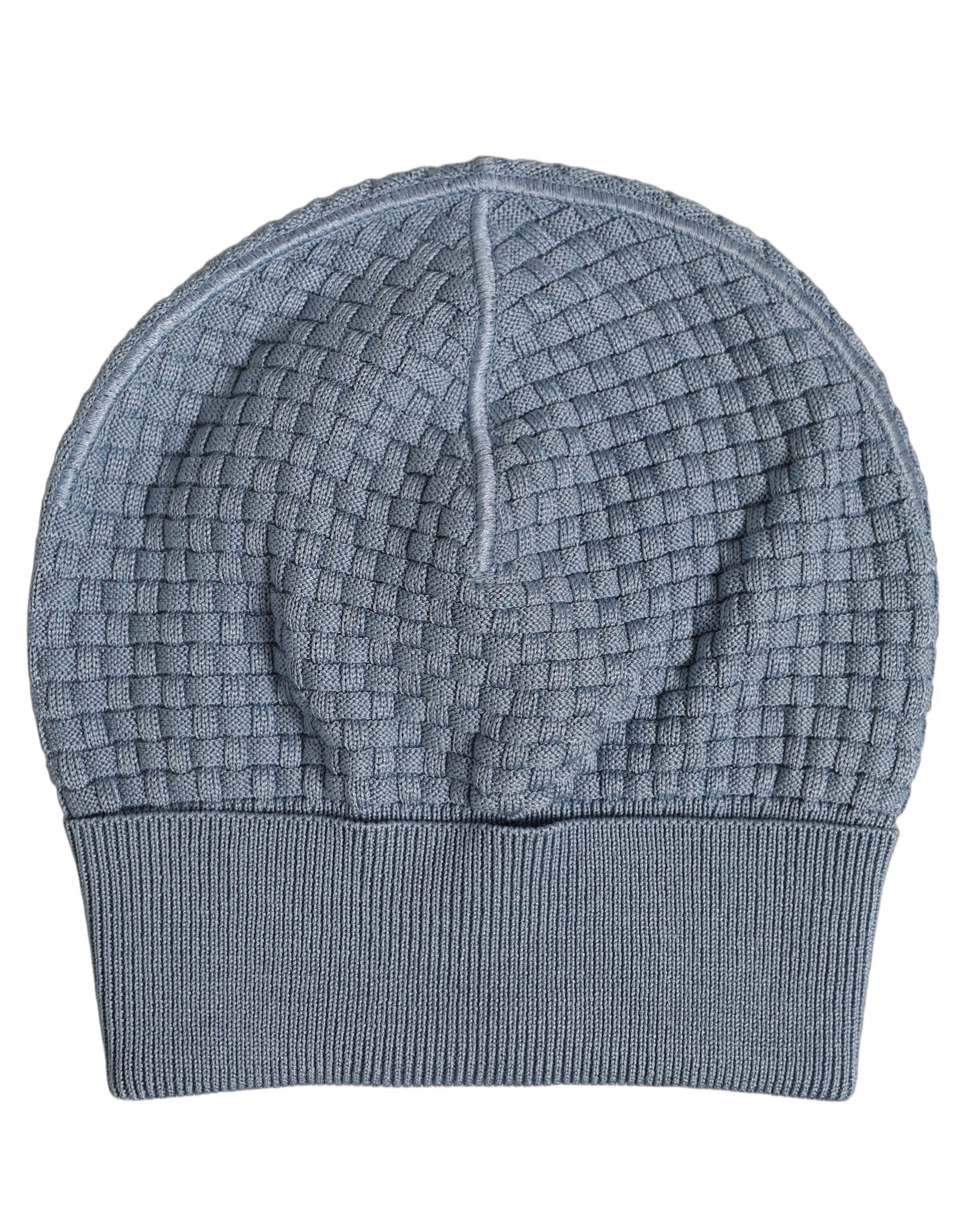 Blue Cotton Textured Geometric Knit Beanie Hat