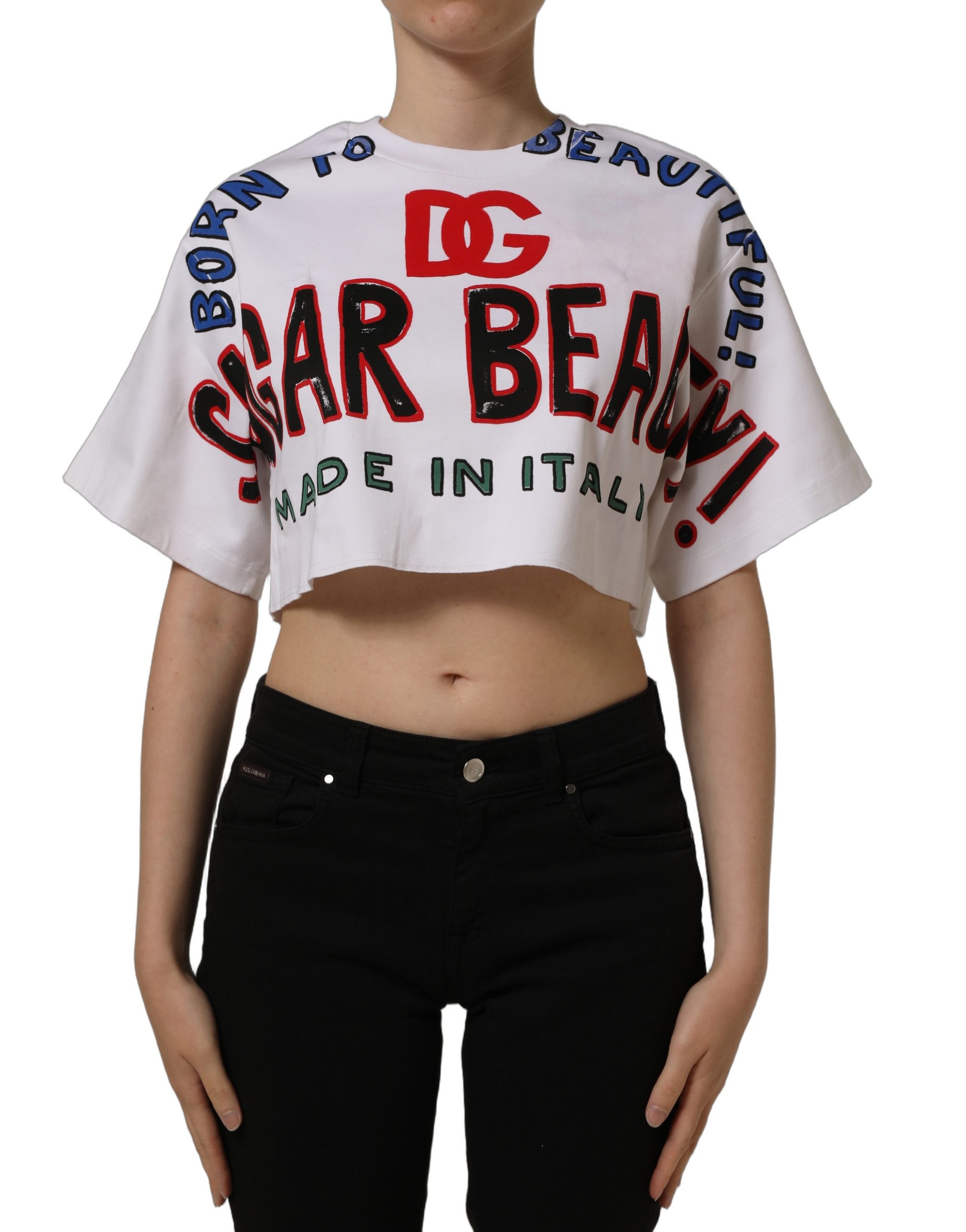 White Graphic Cotton Jersey Cropped T-shirt
