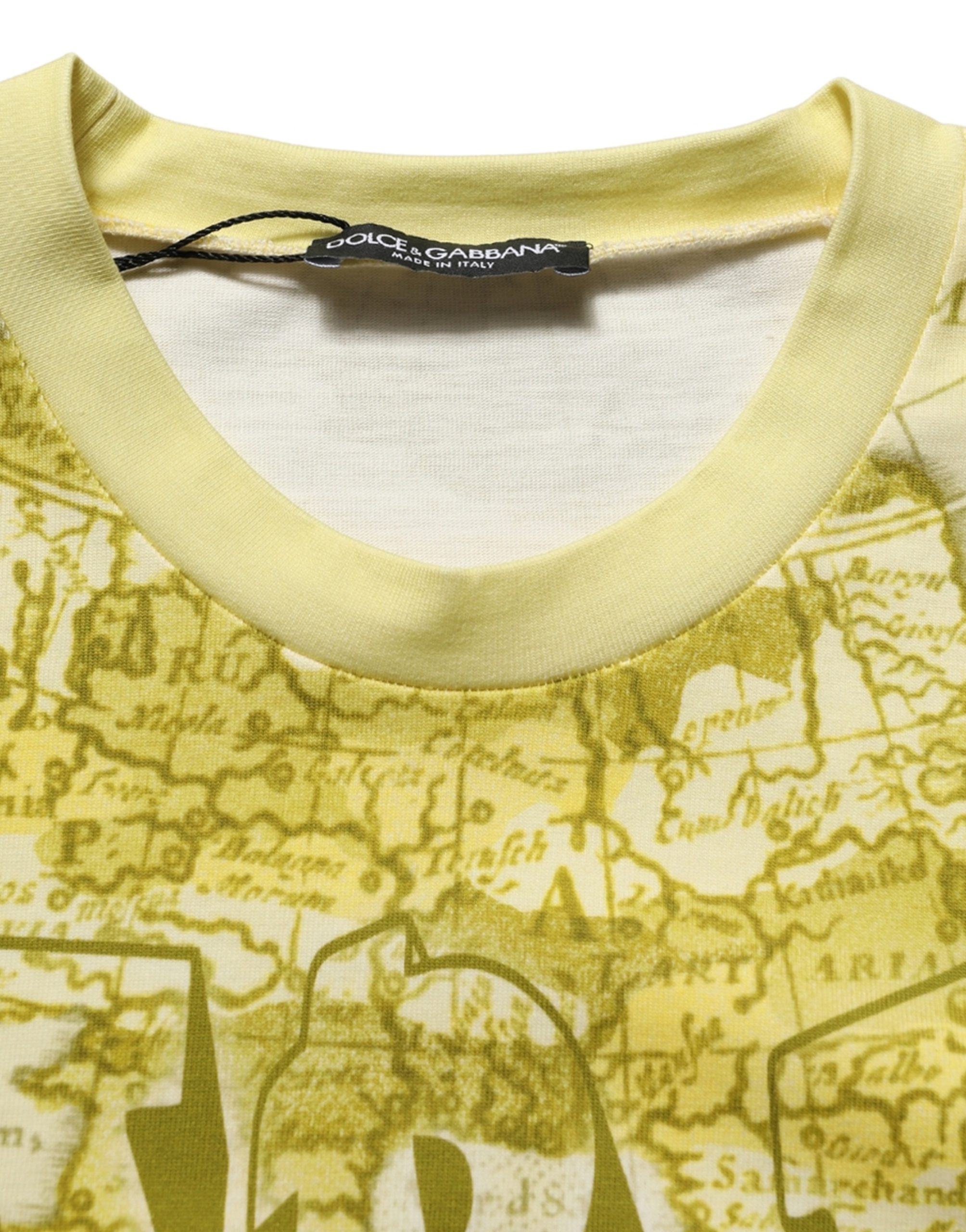 Yellow Vintage Map Print Cotton Men T-shirt