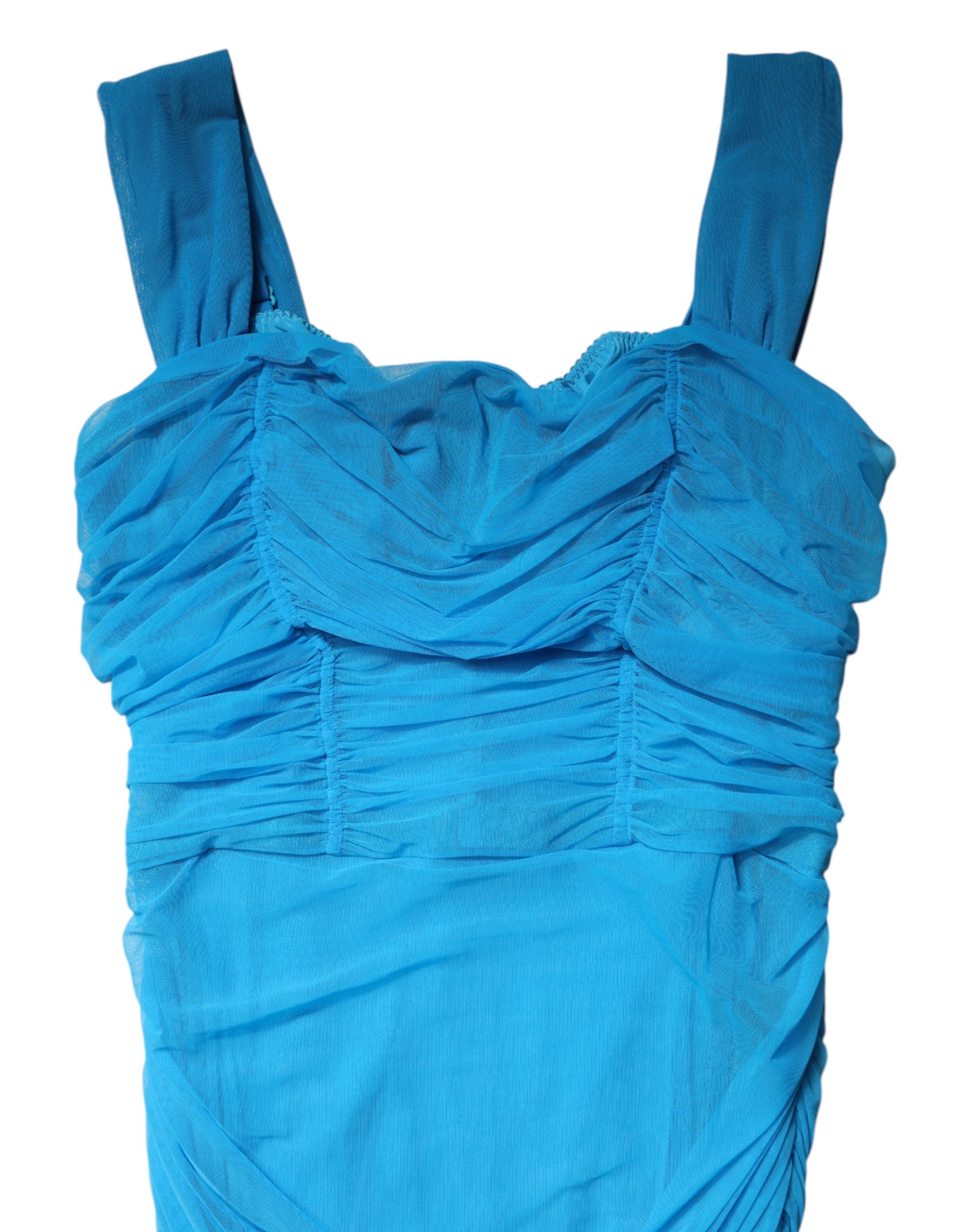 Blue Ruched Tulle Midi Square Neck Dress