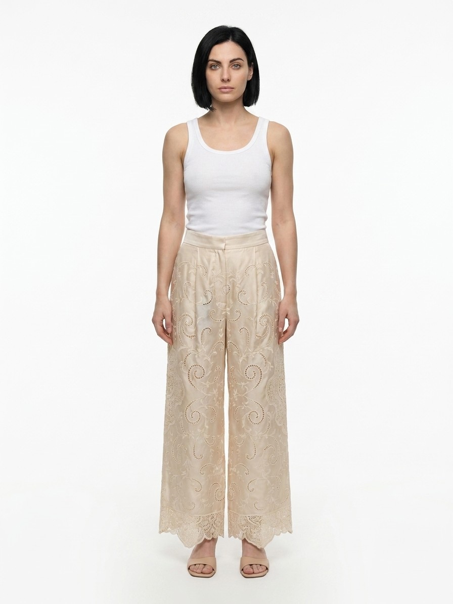 Beige Cotton Casual Pants