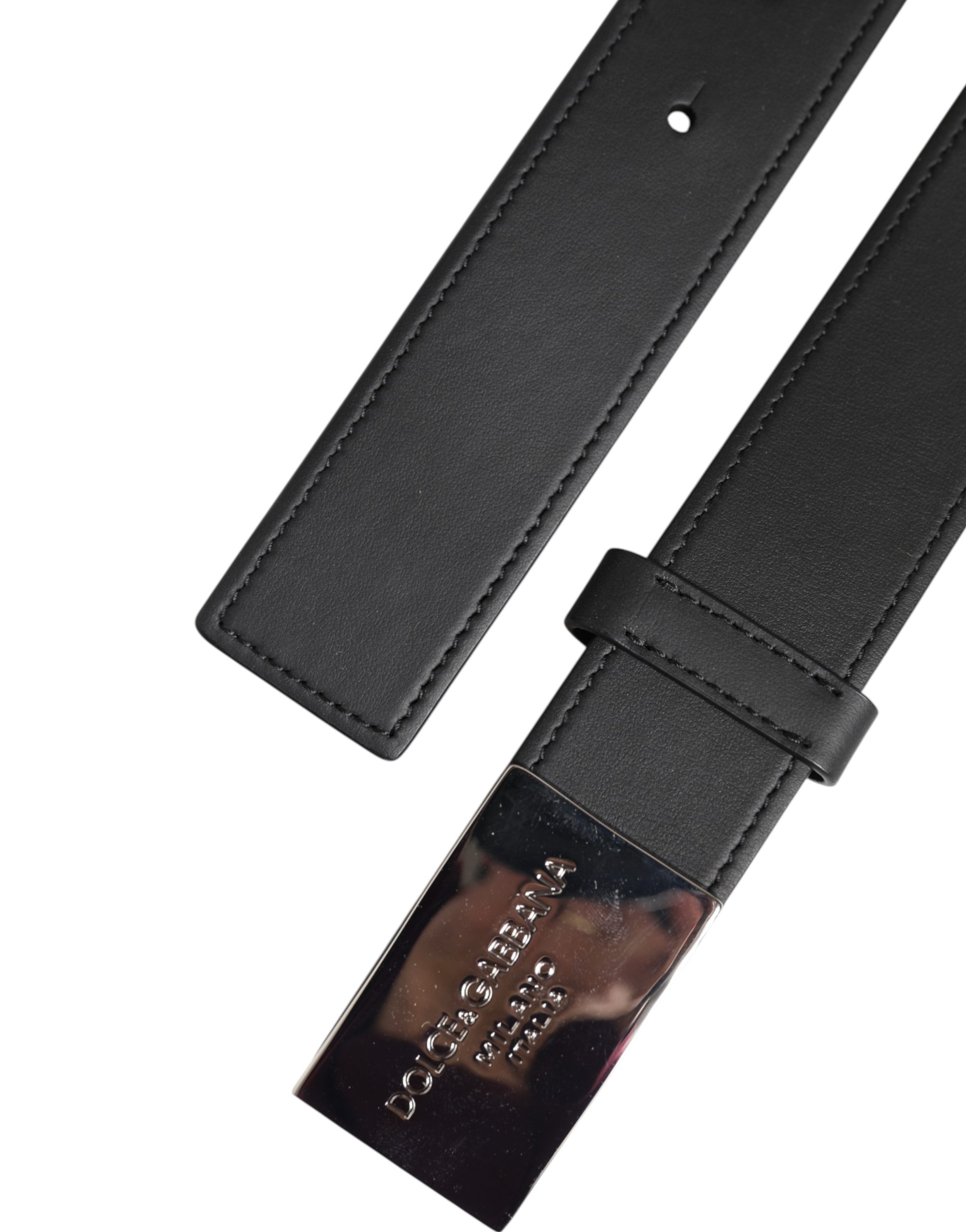 Black Calf Leather Logo Plaque Buckle Belt