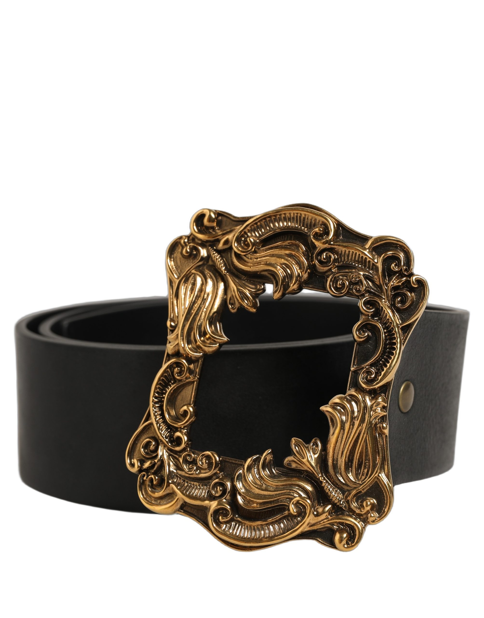 Black Leather Baroque Gold Metal Buckle Belt