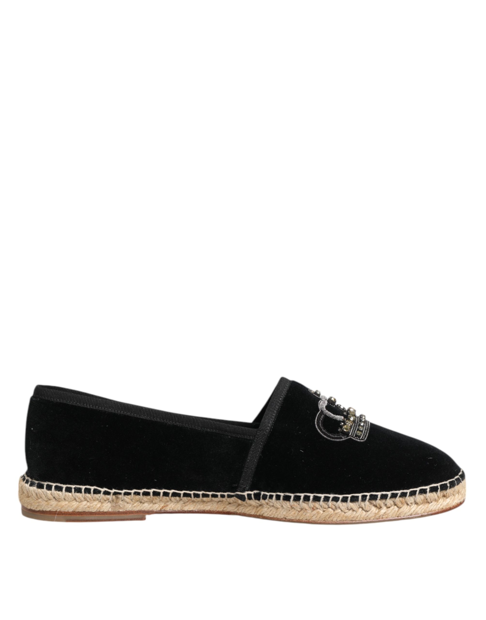 Black Embellished Crown Flat Espadrilles Shoes