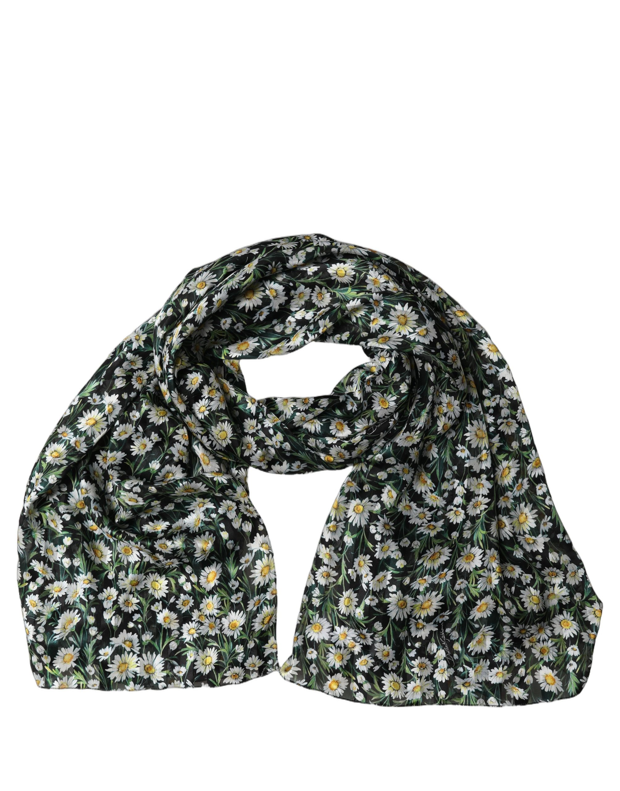 Dolce & Gabbana Black Silk Daisy Chiffon Long Stole Women's Scarf