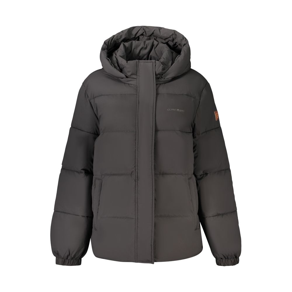 Guess Jeans Black Polyester Women Jacket with Removable Women's Hood