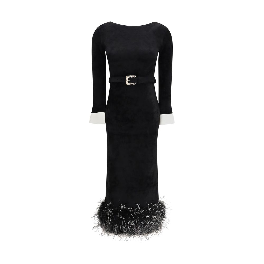 Self-Portrait Feather-Trimmed Chenille Dress — Black