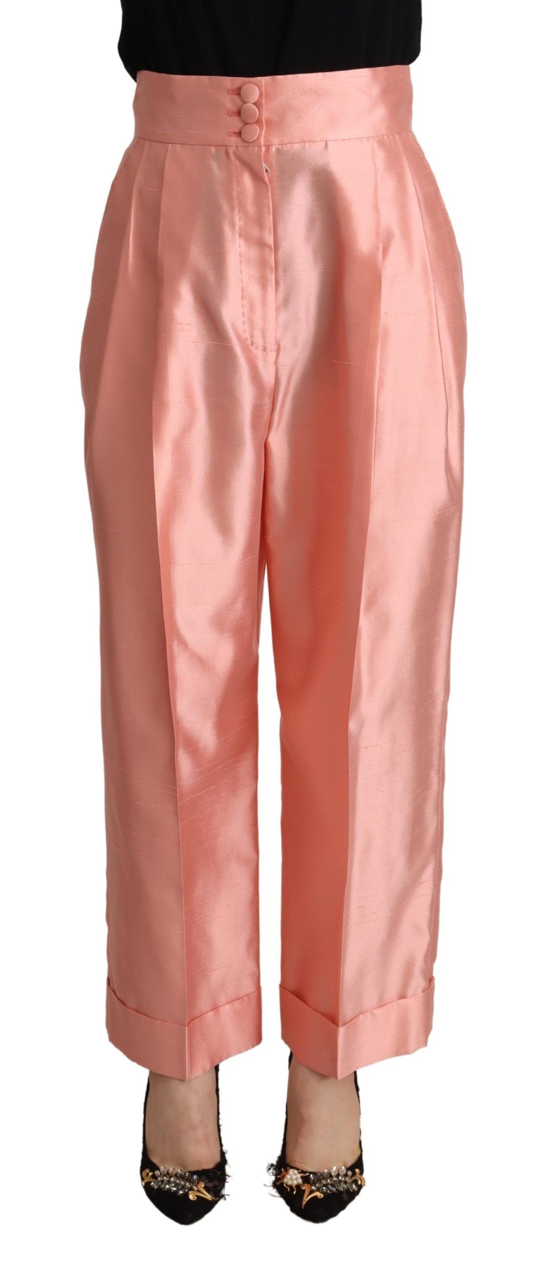 Pink Silk Satin High Waist Straight Pants