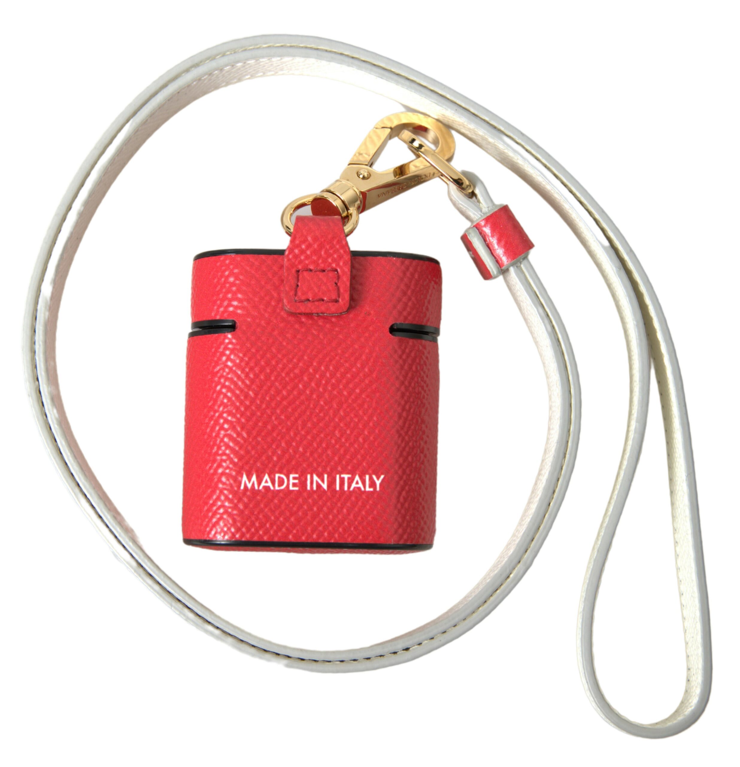 Dolce & Gabbana Red Leather Gold Tone Metal Logo Print Strap Airpods Case Calf Accessory - Women