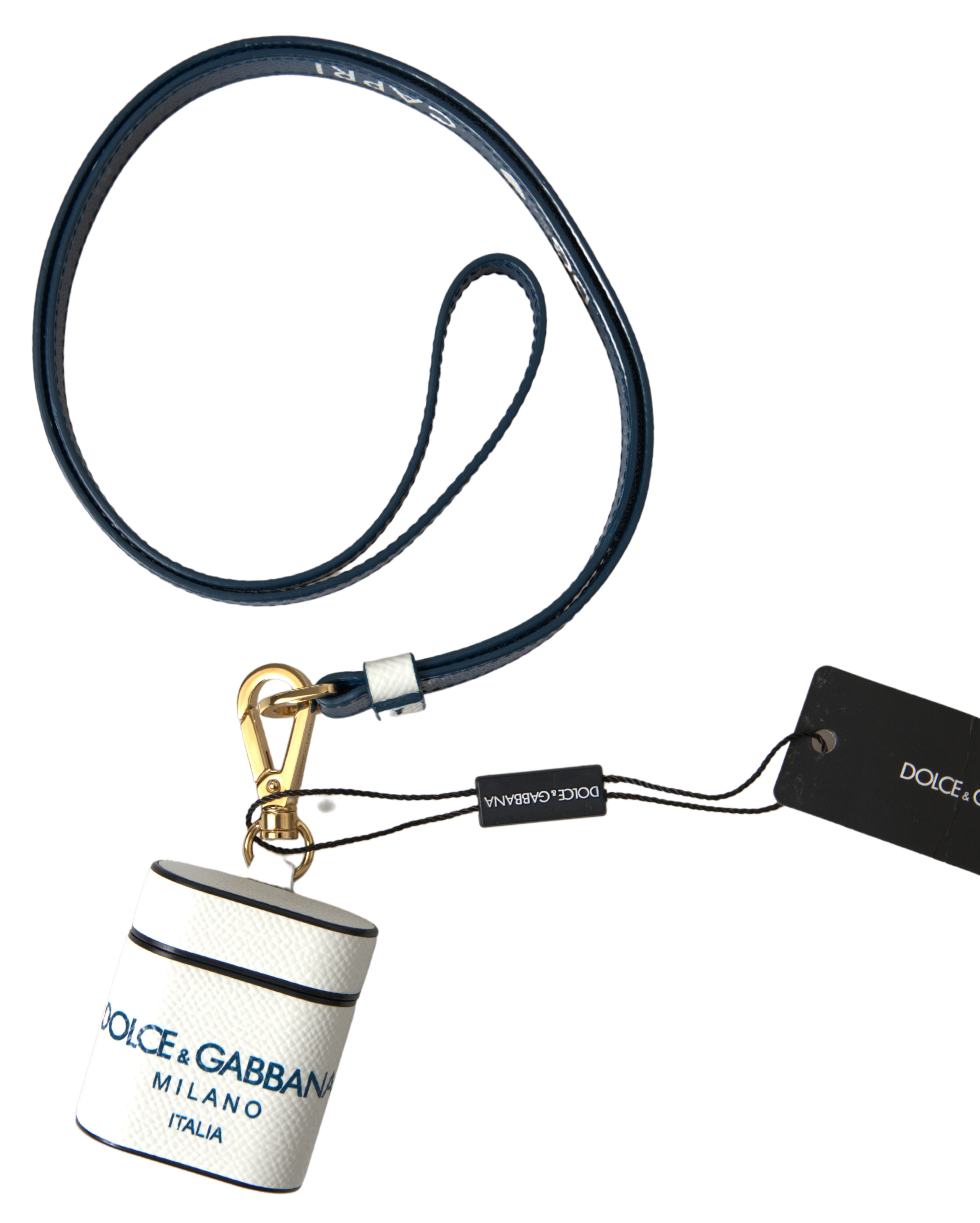Dolce & Gabbana White Blue Calf Leather Logo Print Strap Airpods Case Accessory - Women