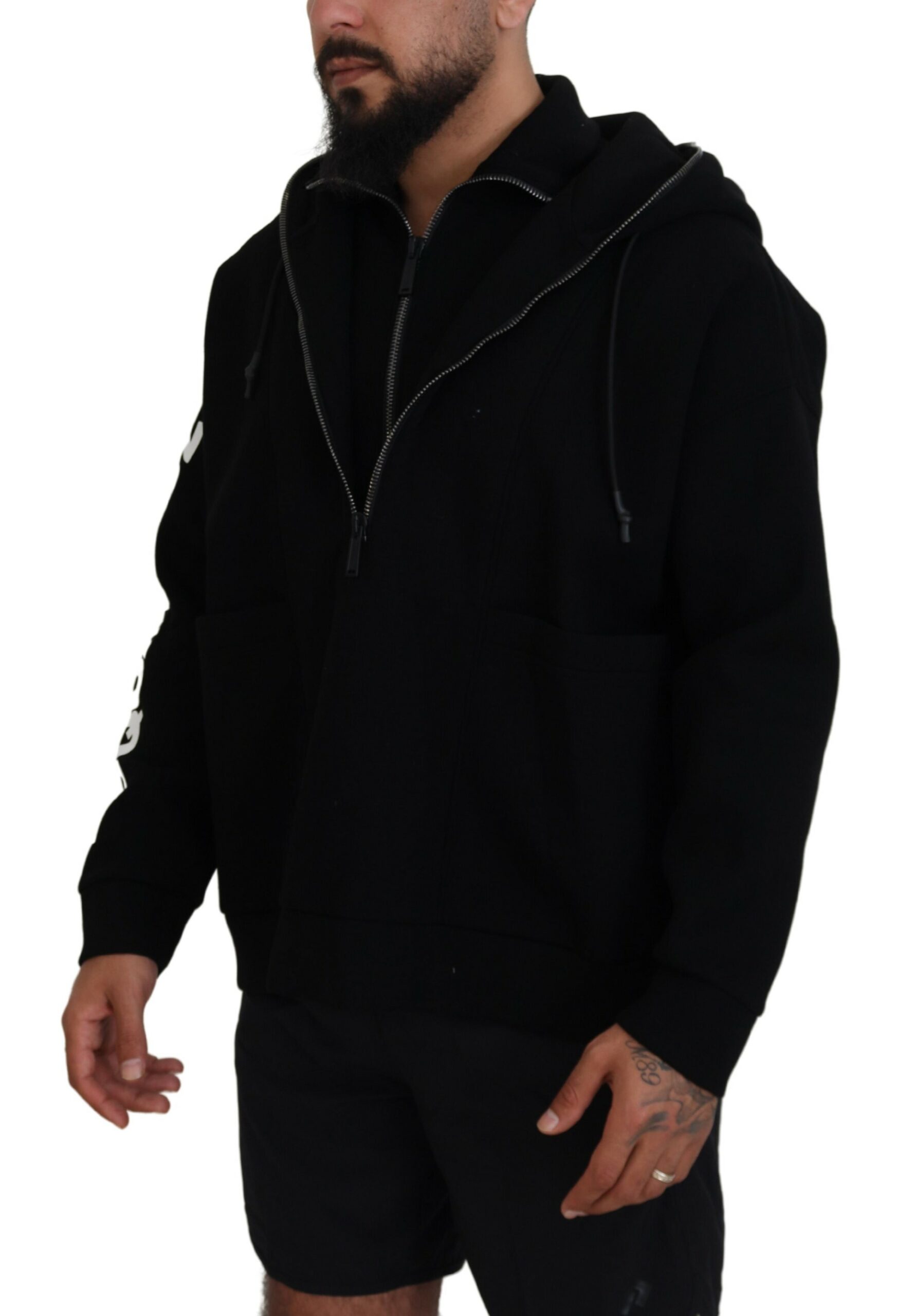 Dsquared² Black Hooded Printed Sleeves Double Zip Men's Sweater Authentic - Picture 2 of 5