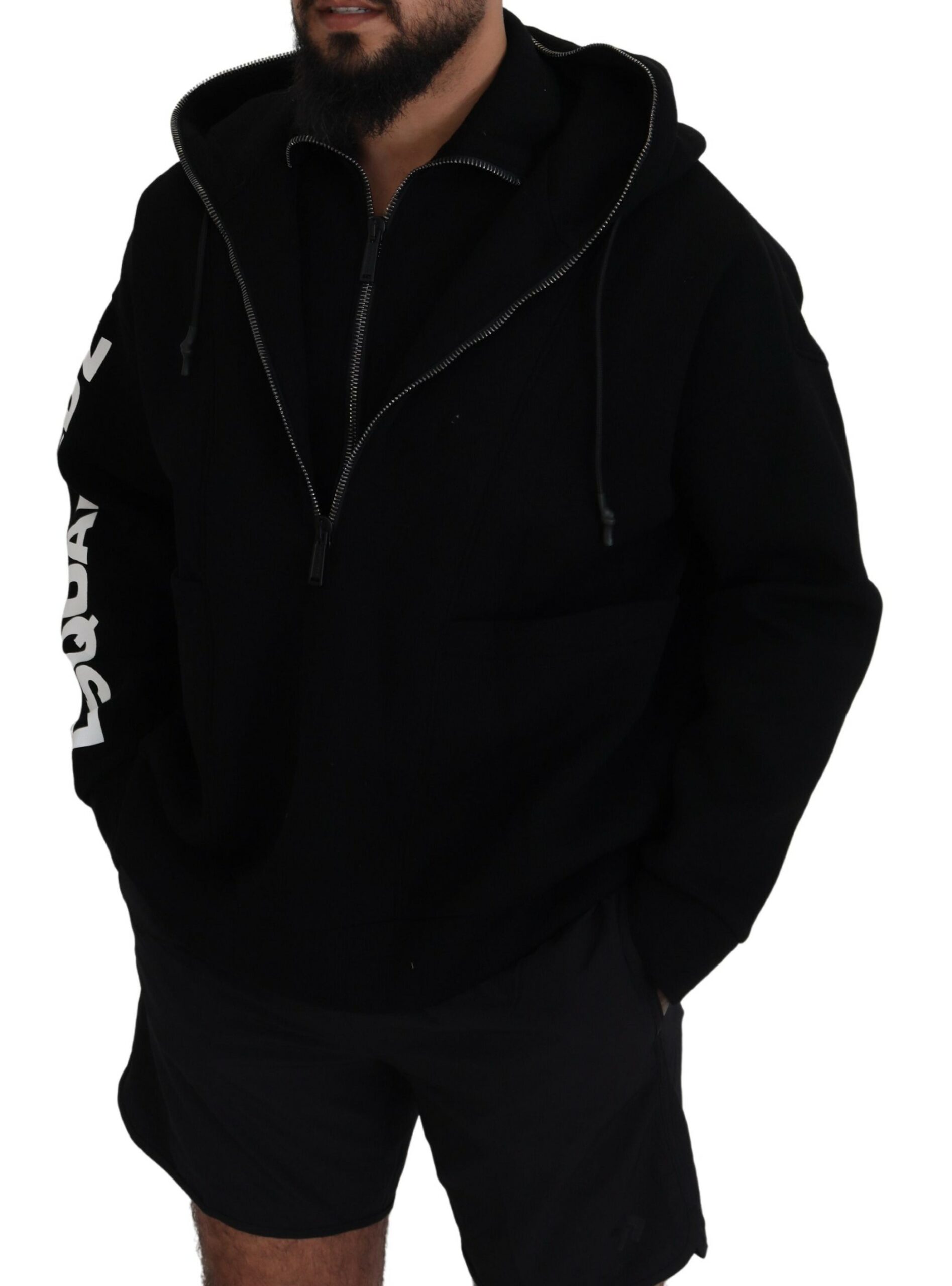 Dsquared² Black Hooded Printed Sleeves Double Zip Men's Sweater Authentic - Picture 5 of 5