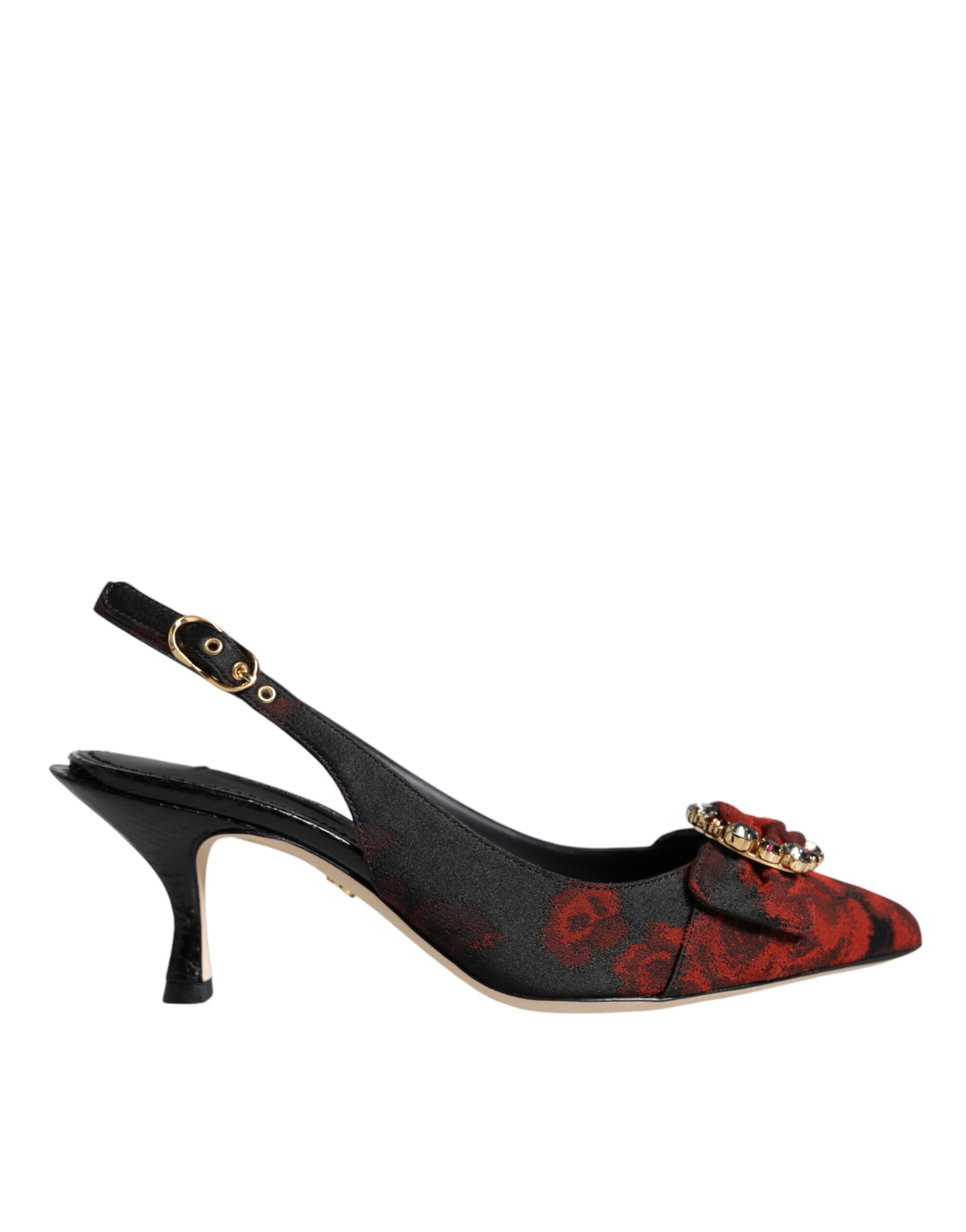 Dolce & Gabbana 黒赤装飾サンダル Dolce & Gabbana Black Red Floral Crystal Heel Slingback