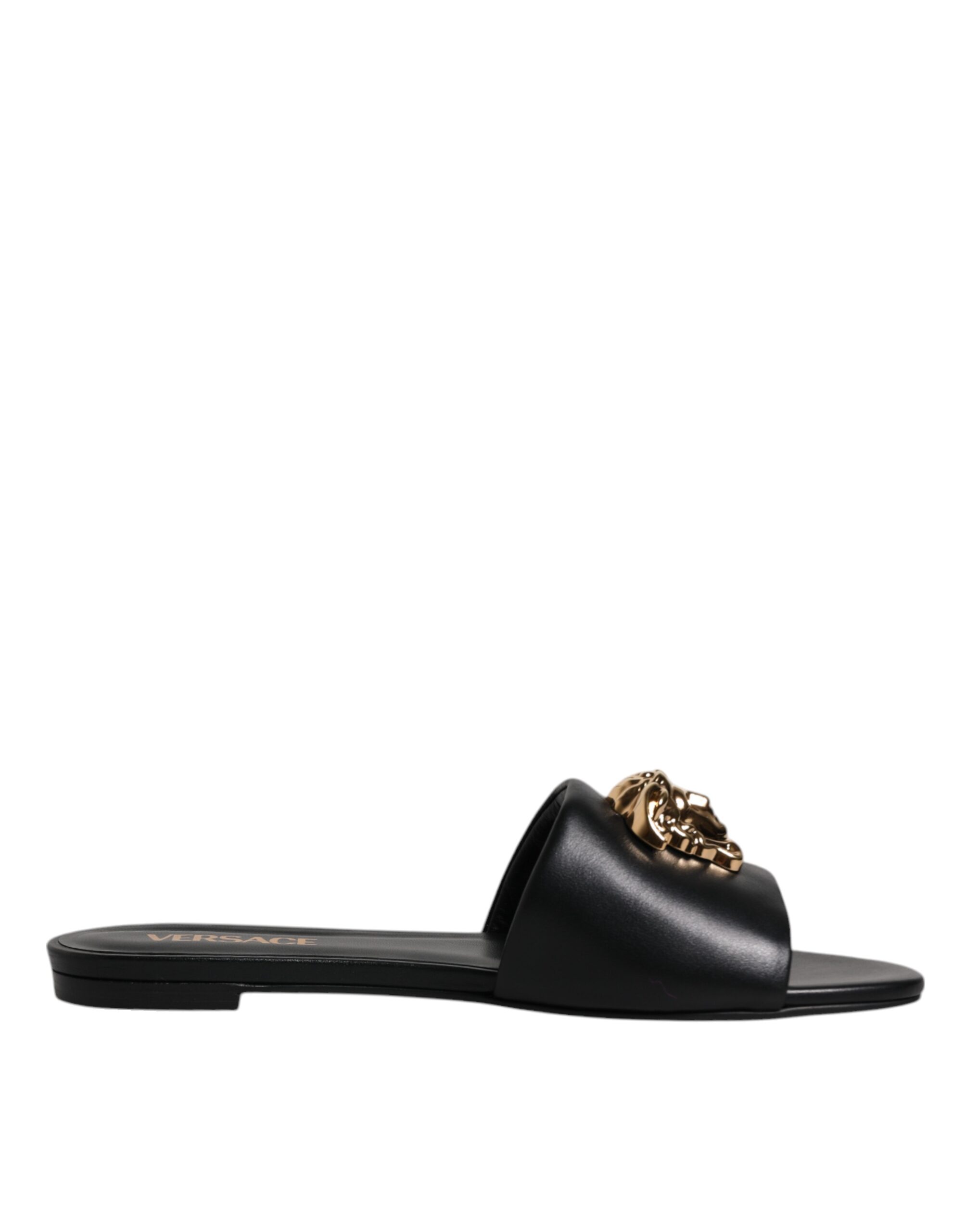 【関税＆送料込み】Versace Black Leather Sandals NEW VERSACE MEN'S BLACK LEATHER MEDUSA HEAD SLIDE SANDALS