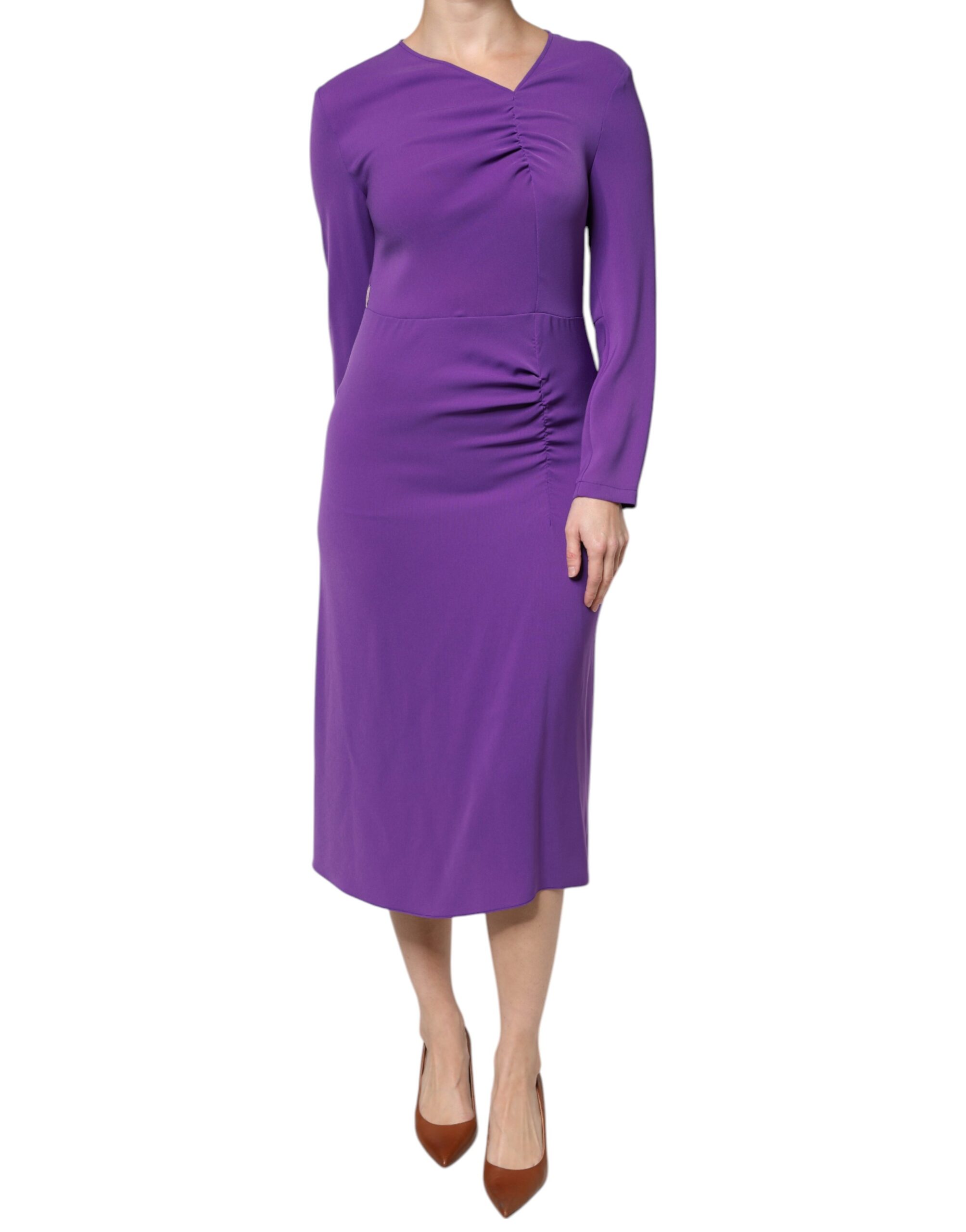 Max Mara Studio Purple Long Sleeves V-neck Sheath Midi