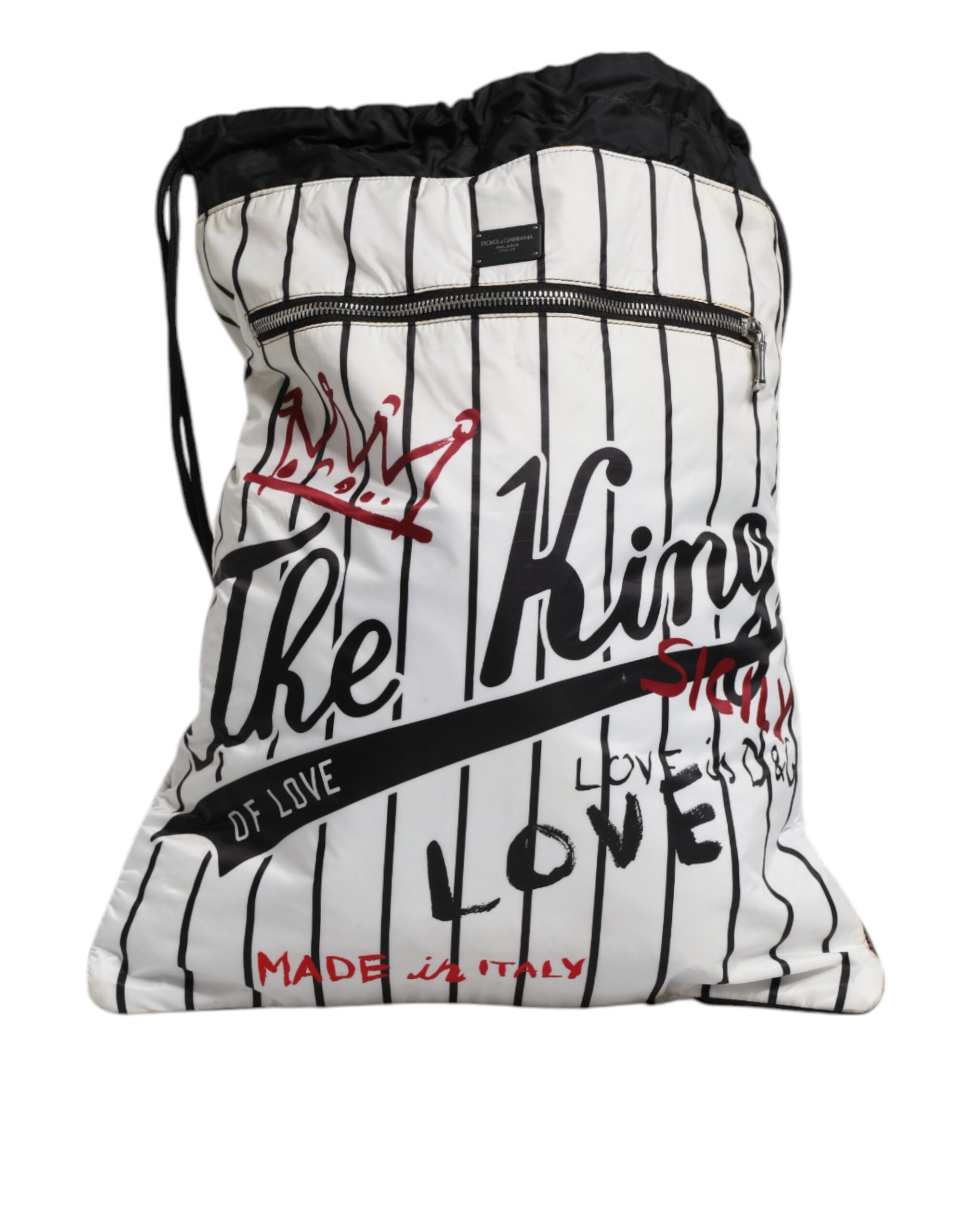Dolce Gabbana Black White Striped Polyester Drawstring Backpack Men's Bag (Pre-Owned)