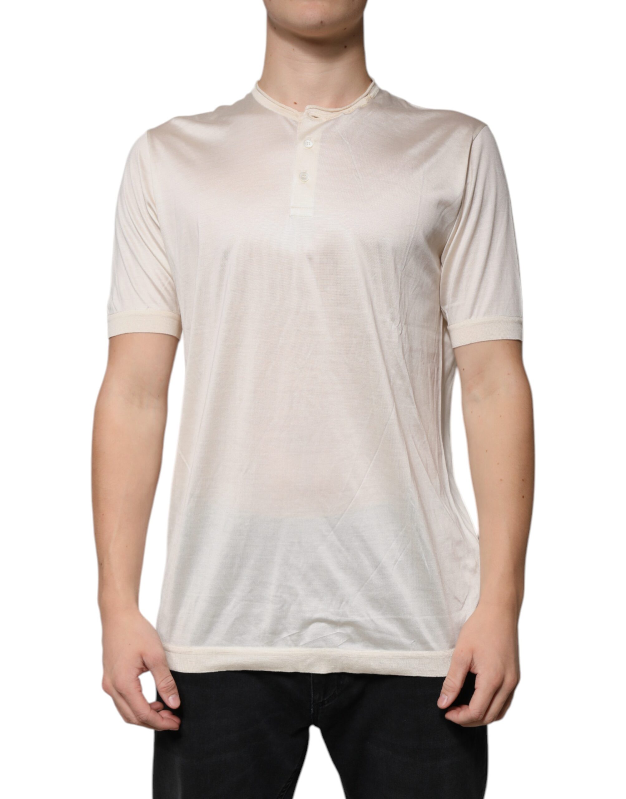 Dolce & Gabbana Off White Silk Crew Neck Henley Men's T