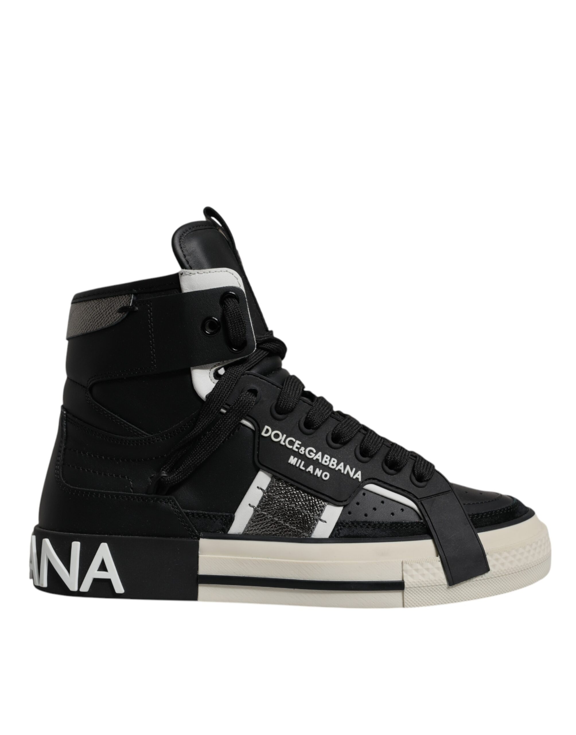 【関税＆送料込み】Dolce & Gabbana Black Leather High-Tech Dolce & Gabbana Black Silver Leather High Top Sneaker Men's