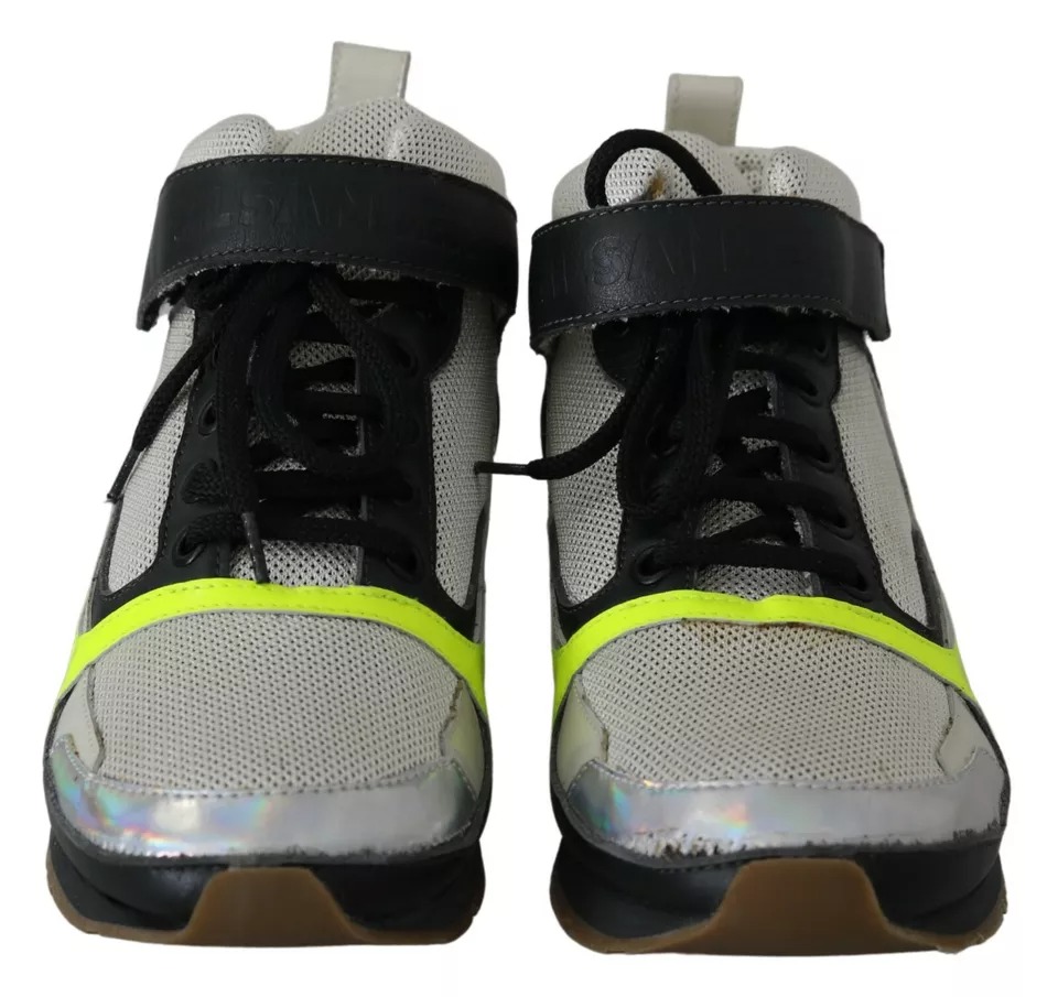 Fog Gray Neon Green Black Lace-Up Strap Shoes