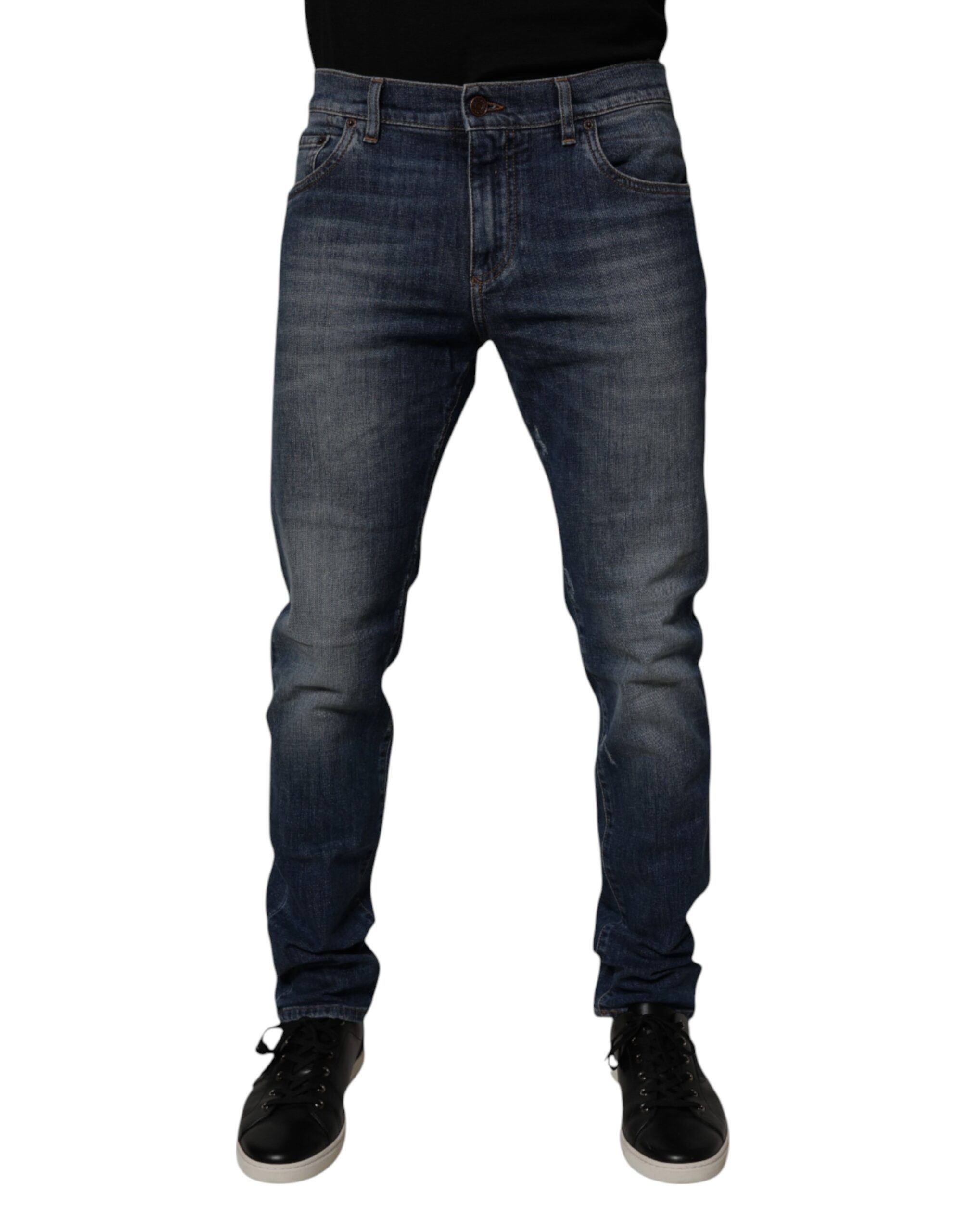 Dark Blue Cotton Leather Skinny Denim Jeans