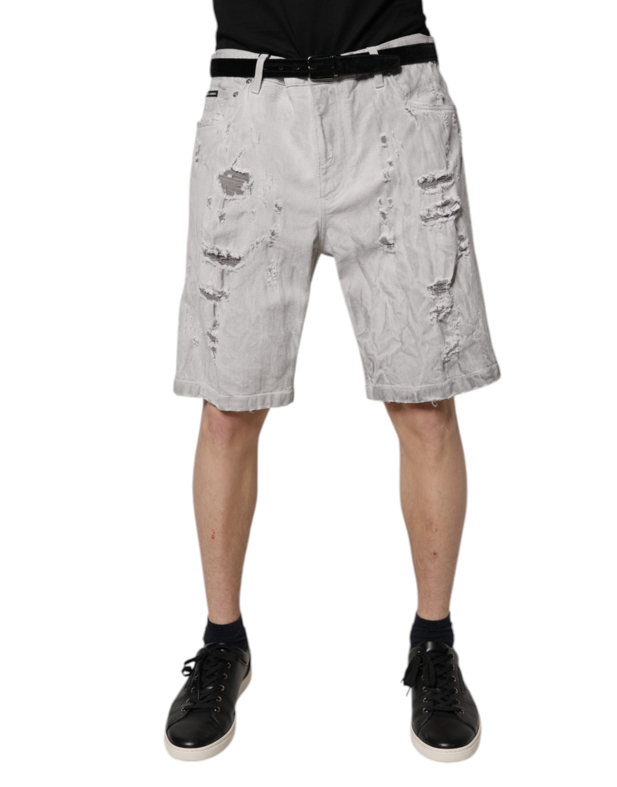 Light Gray Tattered Men Denim Bermuda Shorts 385142 dolce