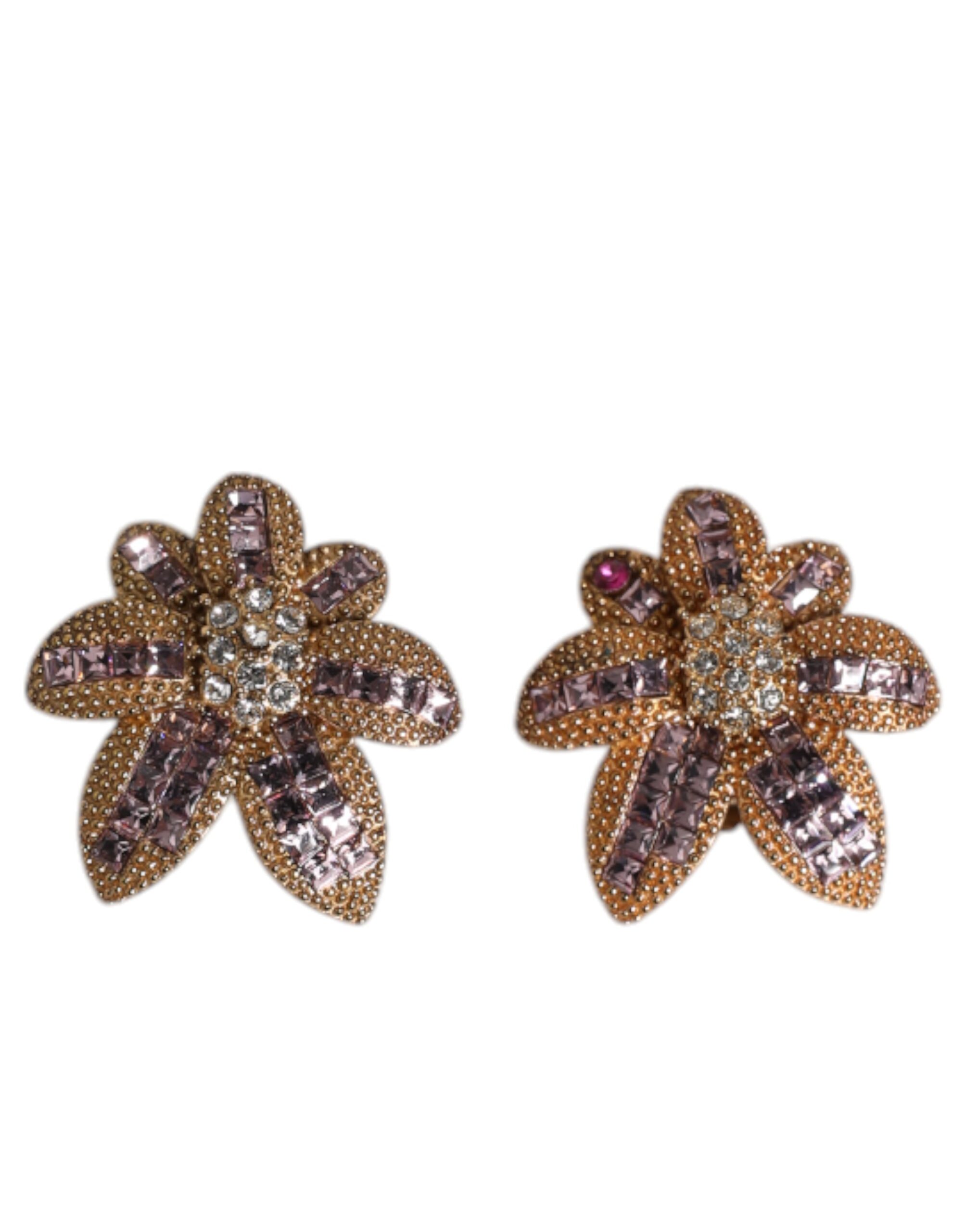 Gold Brass Purple Flower-Shaped Crystals Clip On Earrings
