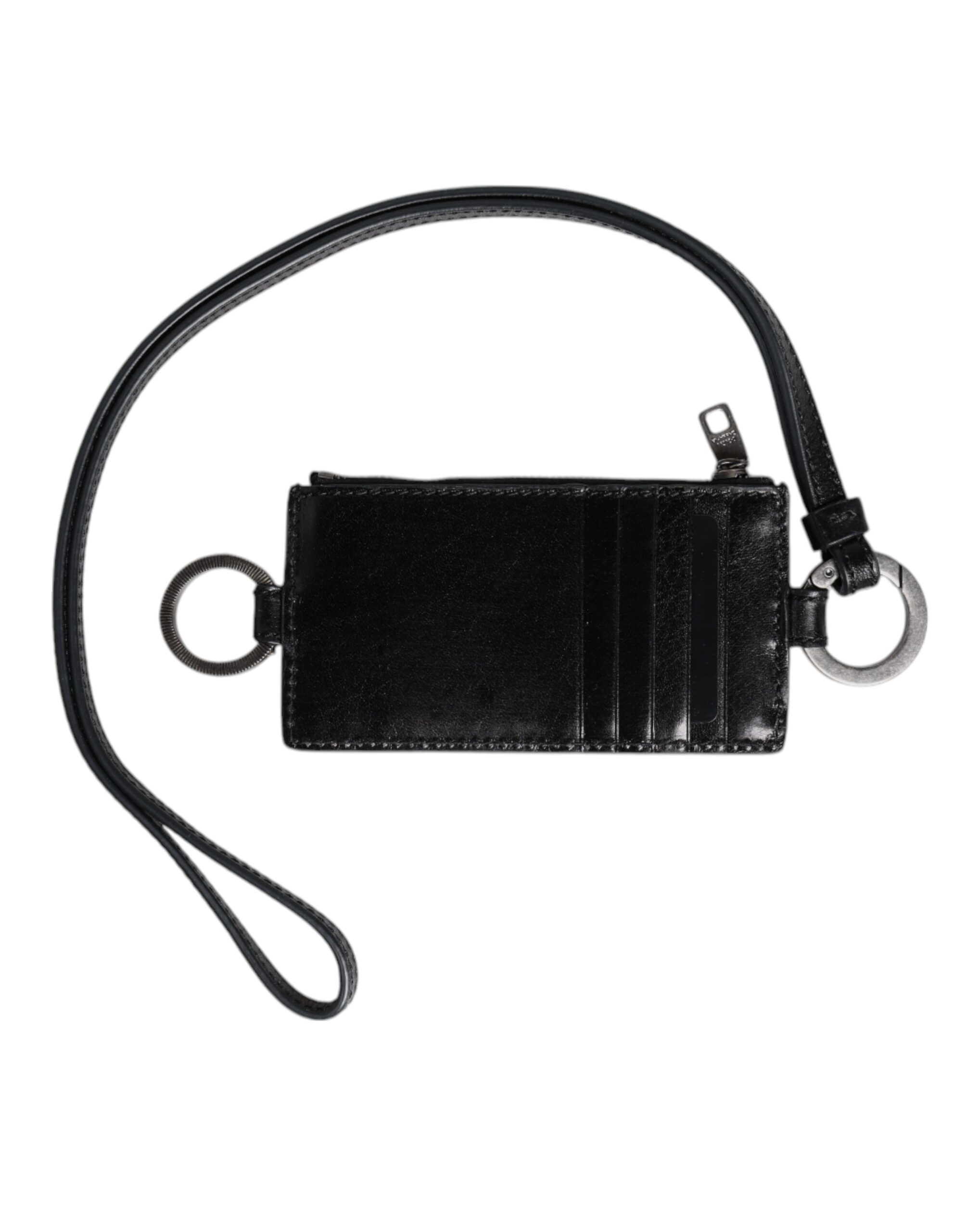 Black Leather Logo Embossed Lanyard Card Holder Wallet